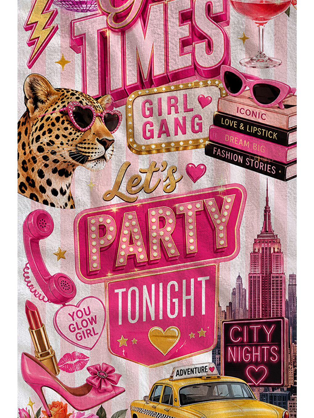 Pop Art Good Times Party Yazılı Pembe Kolaj Desenli 70x150 Plaj Havlusu - Pamuklu Banyo Havlusu-2