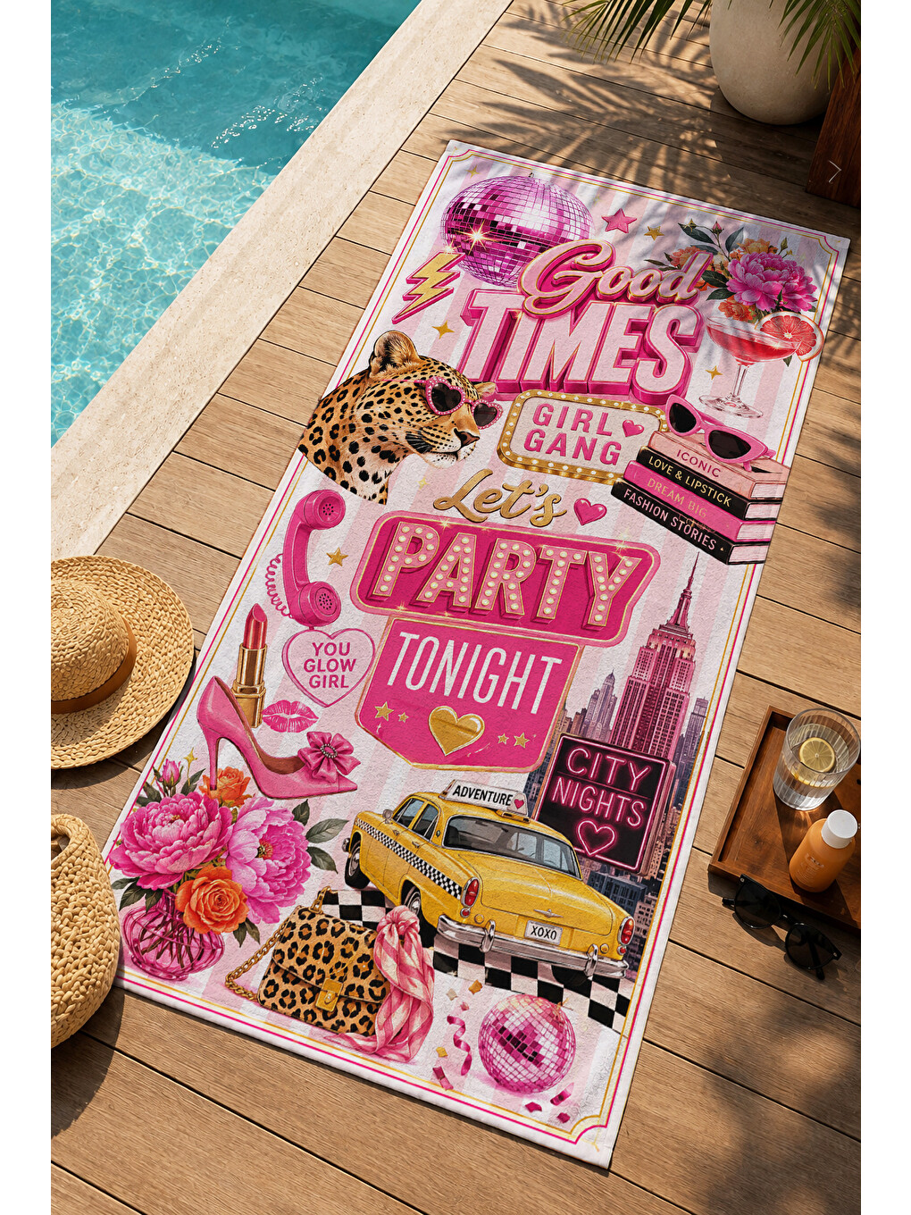 Pop Art Good Times Party Yazılı Pembe Kolaj Desenli 70x150 Plaj Havlusu - Pamuklu Banyo Havlusu-3