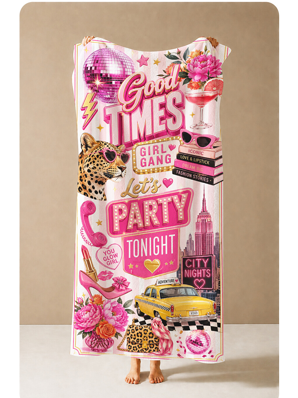 Pop Art Good Times Party Yazılı Pembe Kolaj Desenli 70x150 Plaj Havlusu - Pamuklu Banyo Havlusu-4