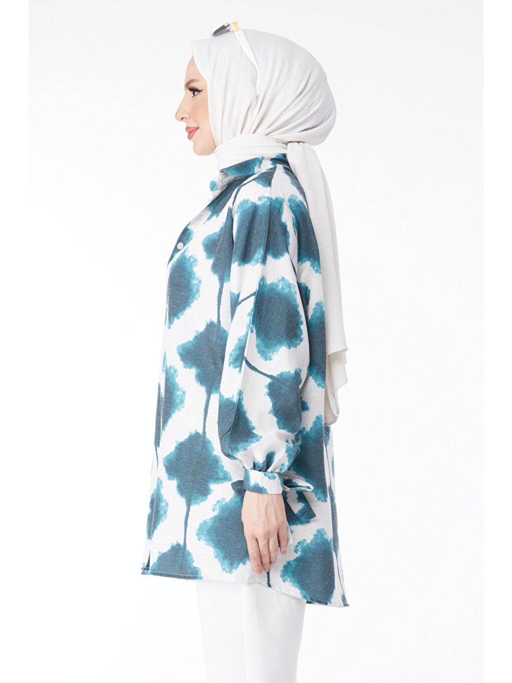 Gömlek Yaka Kadın Petrol Bilek Bağcık Detaylı Desenli Tunik - 24621-3