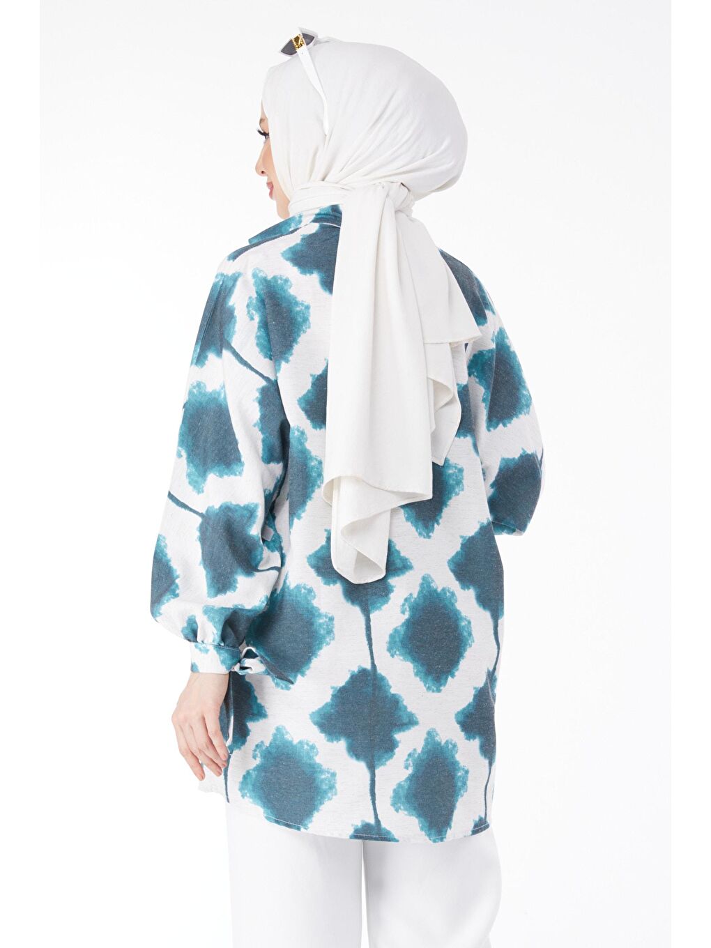 Gömlek Yaka Kadın Petrol Bilek Bağcık Detaylı Desenli Tunik - 24621-4