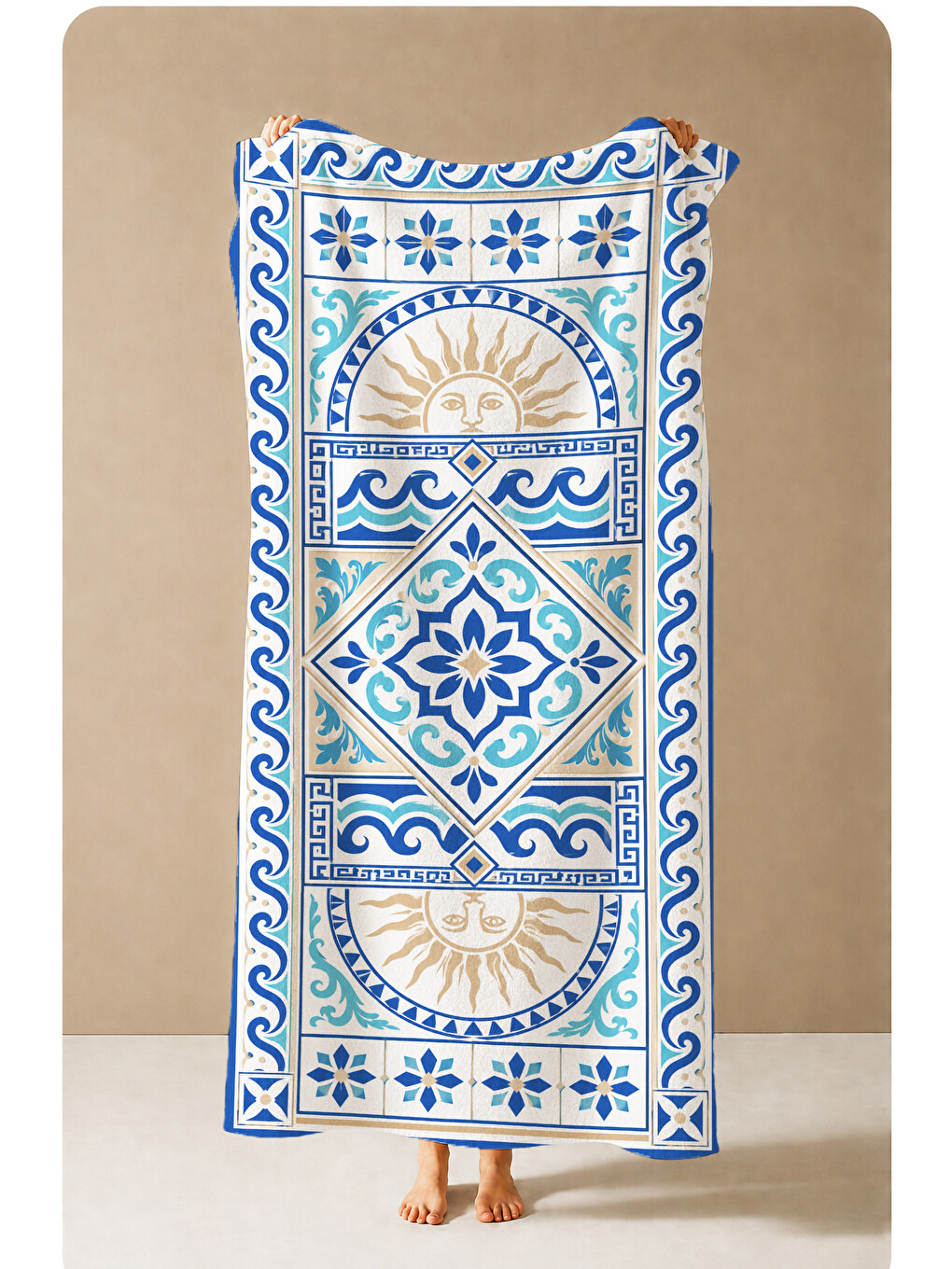 Akdeniz Mavi Beyaz Çini Güneş Dalga Desenli 70x150 Plaj Havlusu - Dijital Baskılı Banyo Havlusu-1