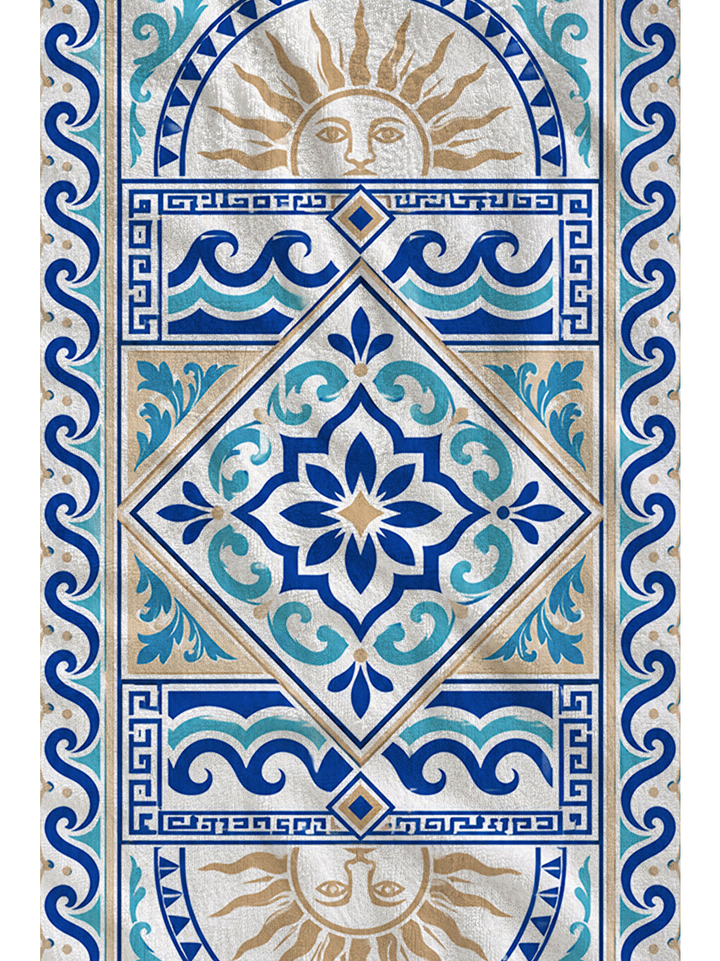 Akdeniz Mavi Beyaz Çini Güneş Dalga Desenli 70x150 Plaj Havlusu - Dijital Baskılı Banyo Havlusu-2