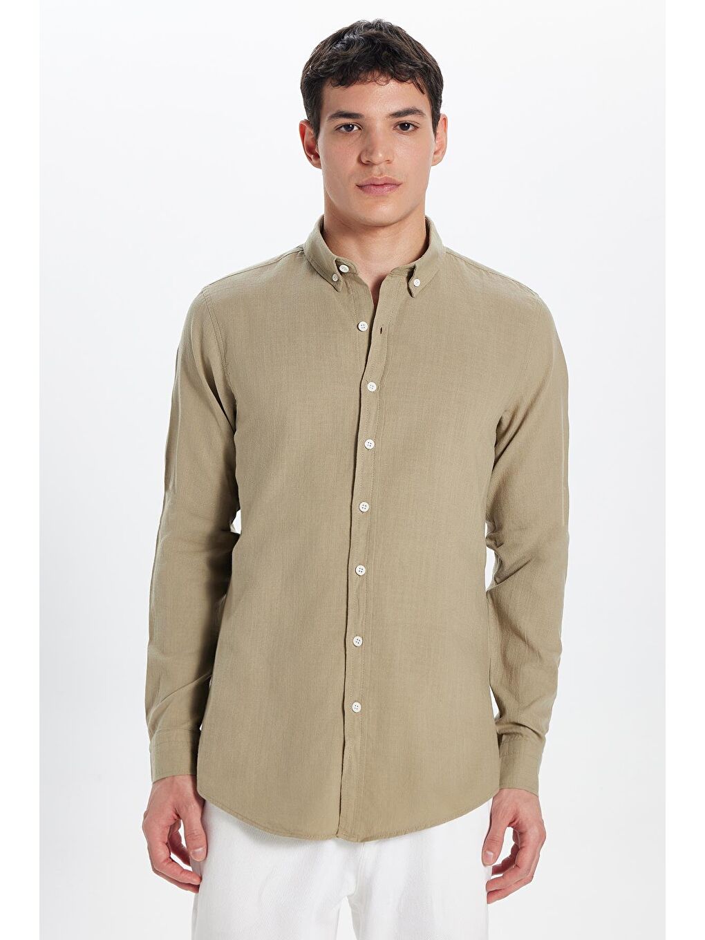 Bej Erkek Slim Fit Dar Kesim %100 Pamuk Keten Doku Düğmeli Yaka Vizon Gömlek-2