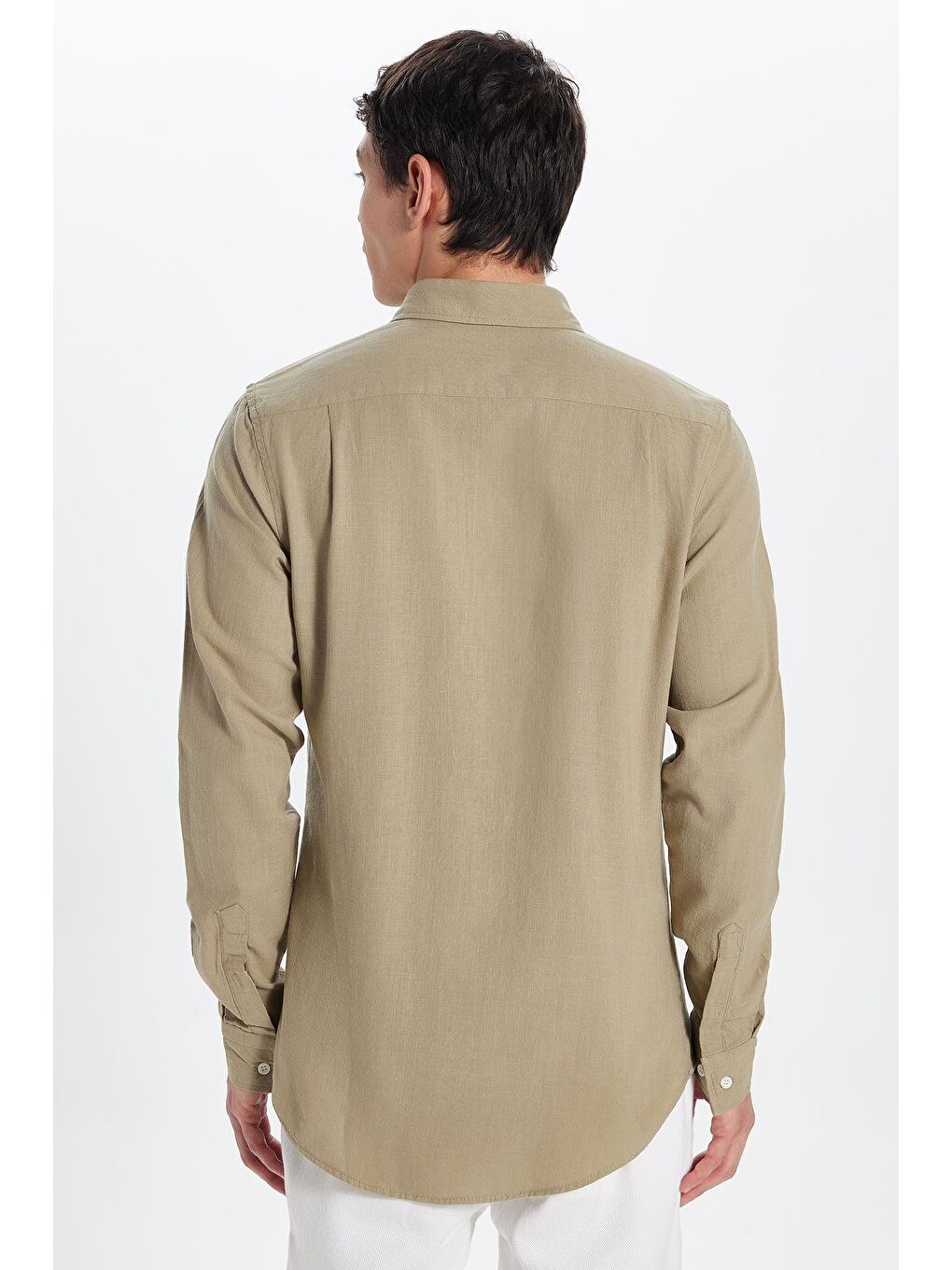 Bej Erkek Slim Fit Dar Kesim %100 Pamuk Keten Doku Düğmeli Yaka Vizon Gömlek-4