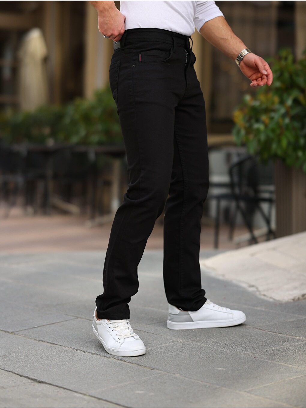 Siyah Erkek Yüksel Bel Bol Kesim Boru Paça Jean Pantolon Regular Fit Jean-1