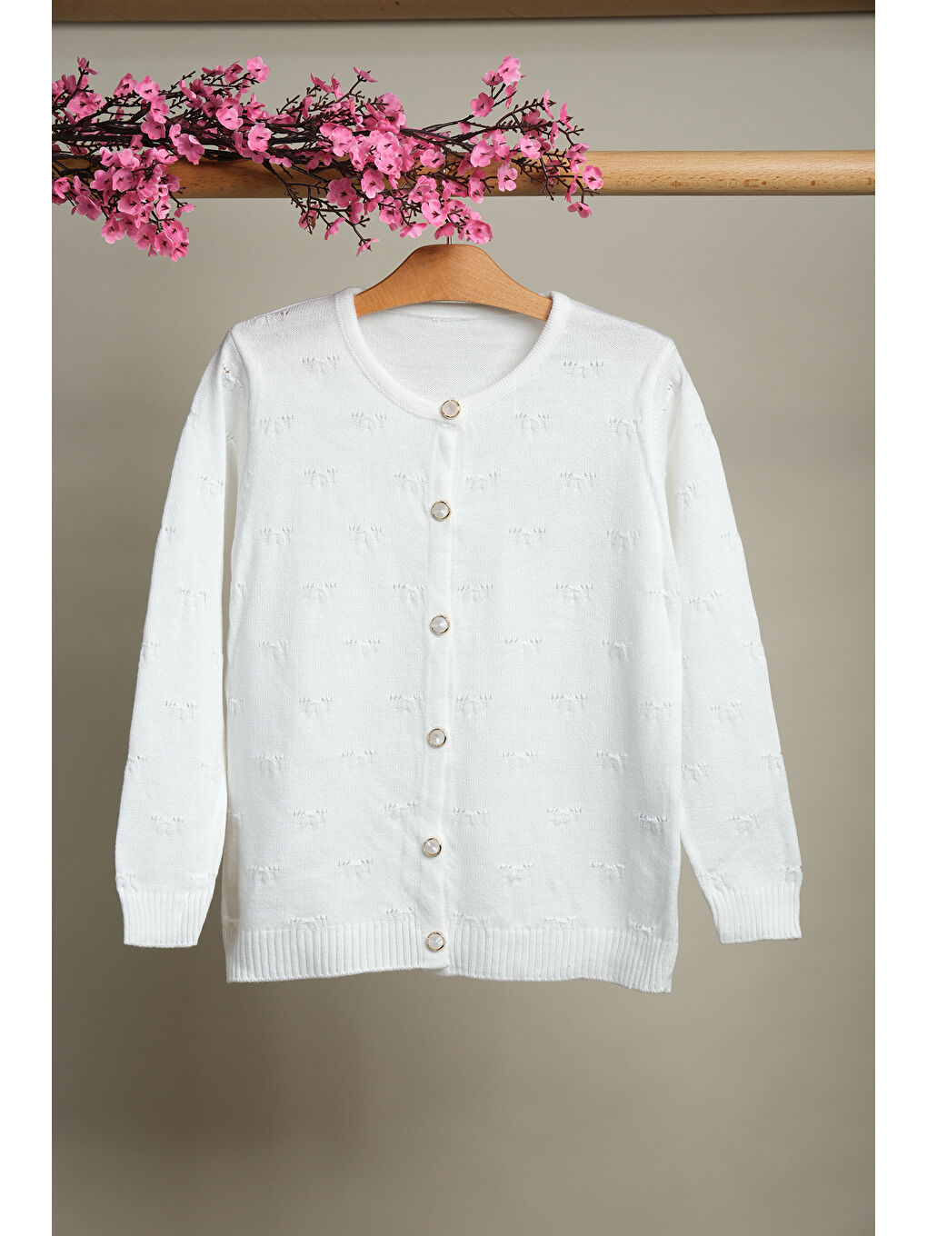 Beyaz Örgü Desenli Düğmeli Kız Çocuk Triko Hırka HK.5856