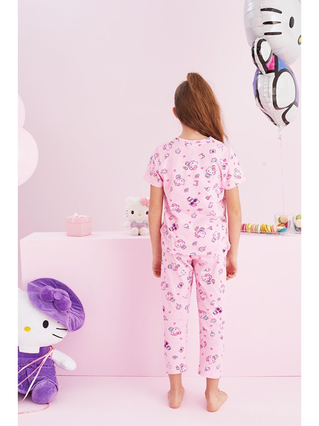Hello Kitty Lisanslı %100 Pamuk Pembe Çok Renkli Bisklet Yaka Pijama Takım-2