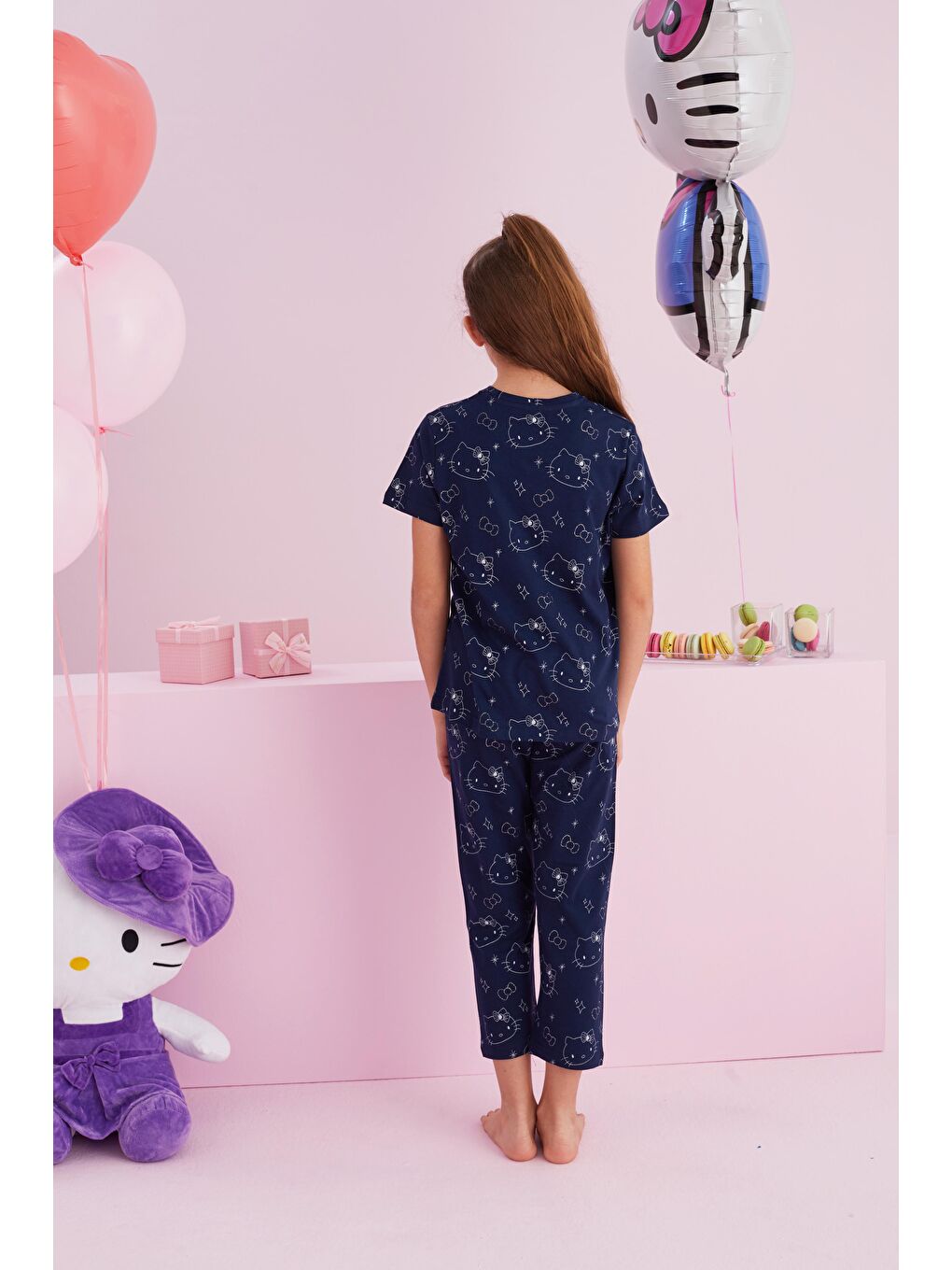 SİYAH İNCİ Lacivert Hello Kitty Lisanslı %100 Pamuk Lacivert Çok Renkli Bisklet Yaka Pijama Takım - 2