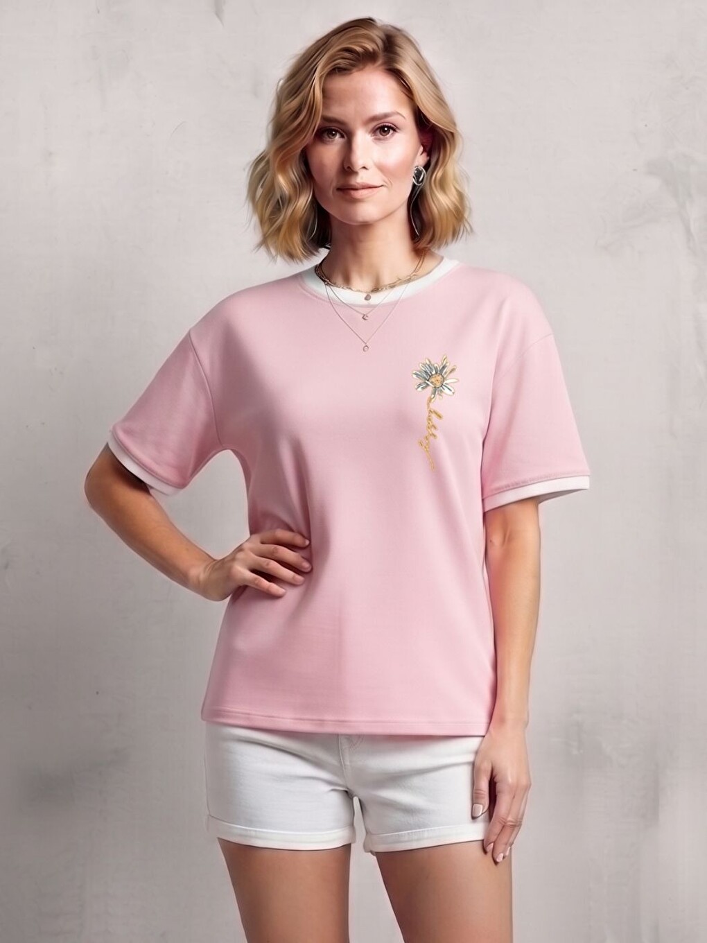 Kadın Pembe Papatya Baskı %100 Pamuk Comfort Tişört-1
