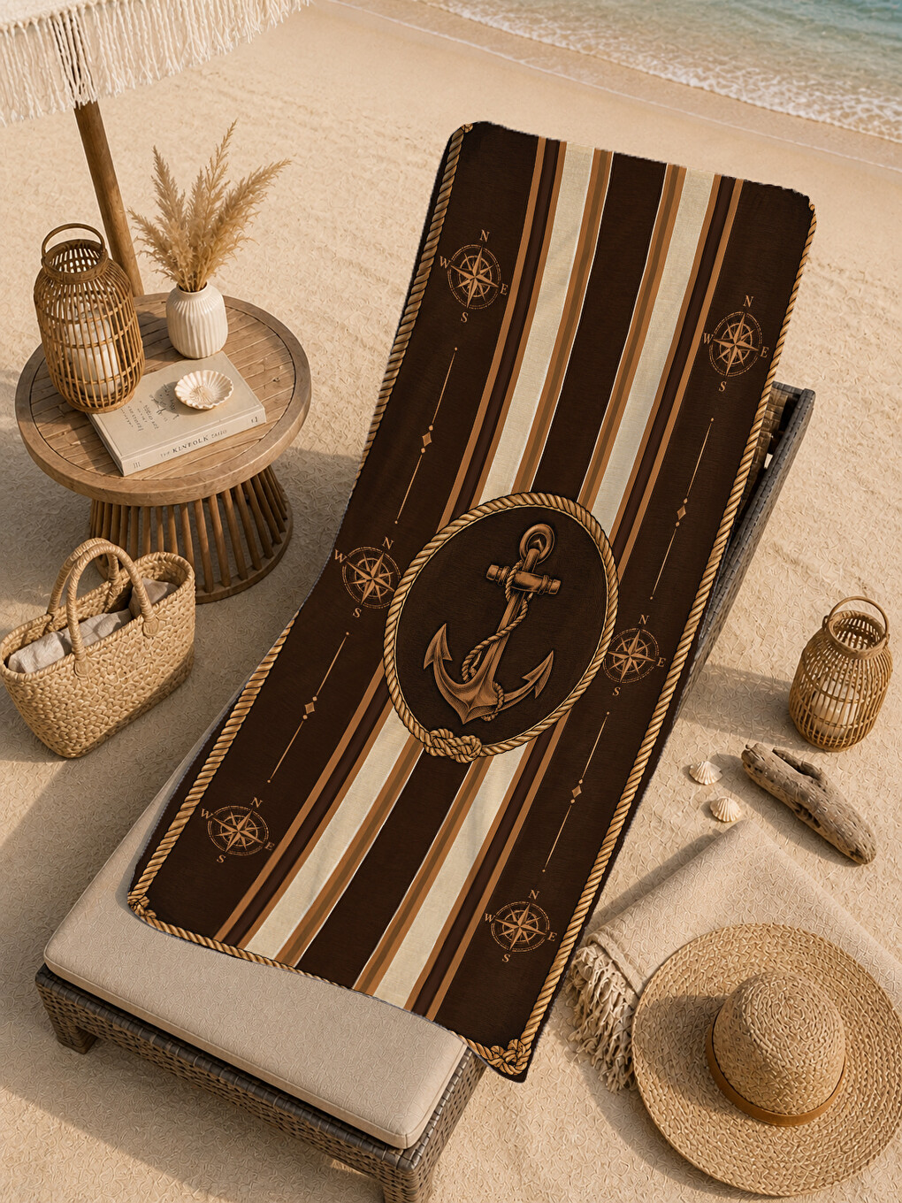 Kahverengi Nautical Kahve Çizgili Çapa Desenli 70x150 Plaj Havlusu - Dijital Baskılı Solmaz Banyo Havlusu-1