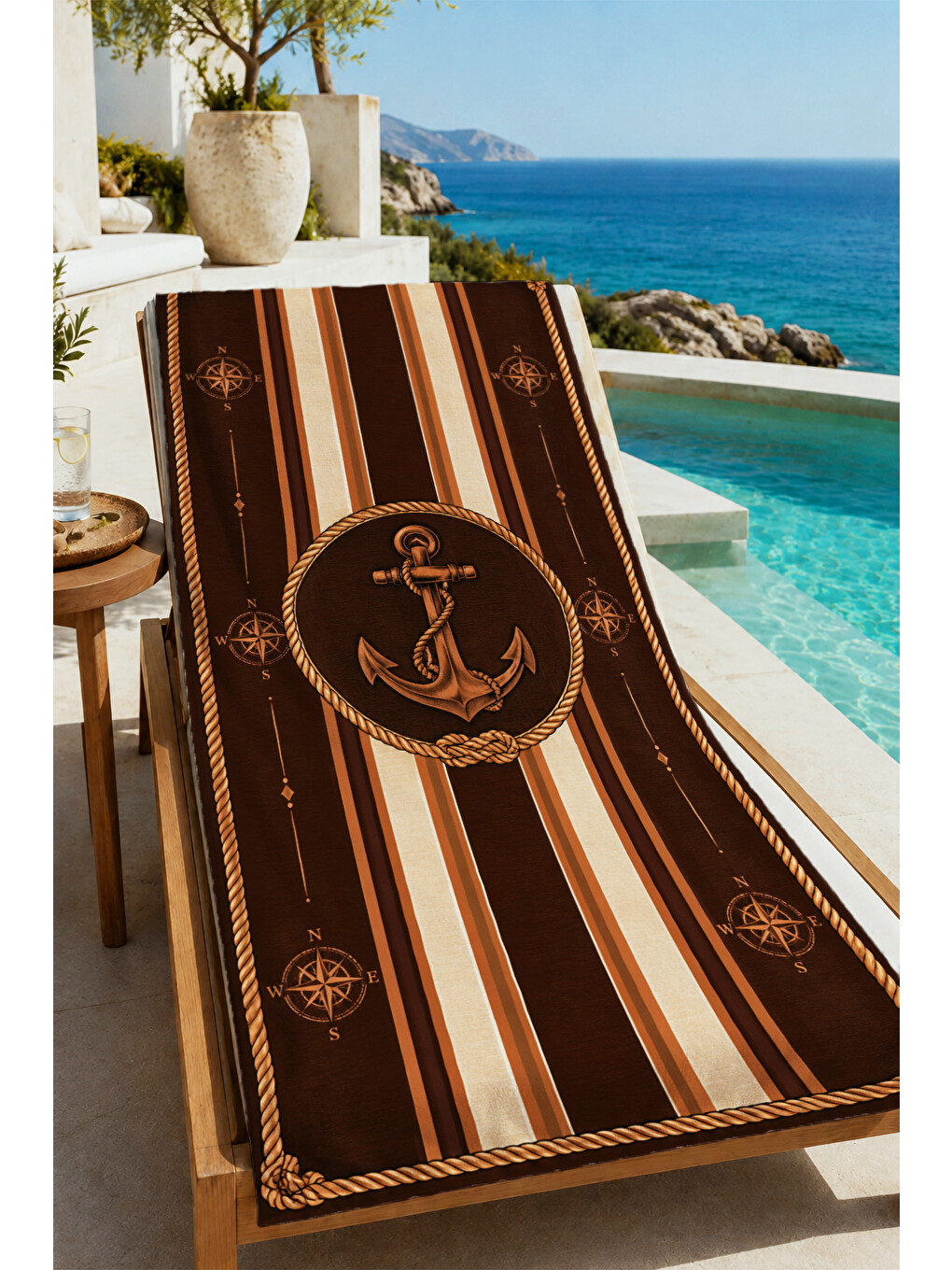 Kahverengi Nautical Kahve Çizgili Çapa Desenli 70x150 Plaj Havlusu - Dijital Baskılı Solmaz Banyo Havlusu-3