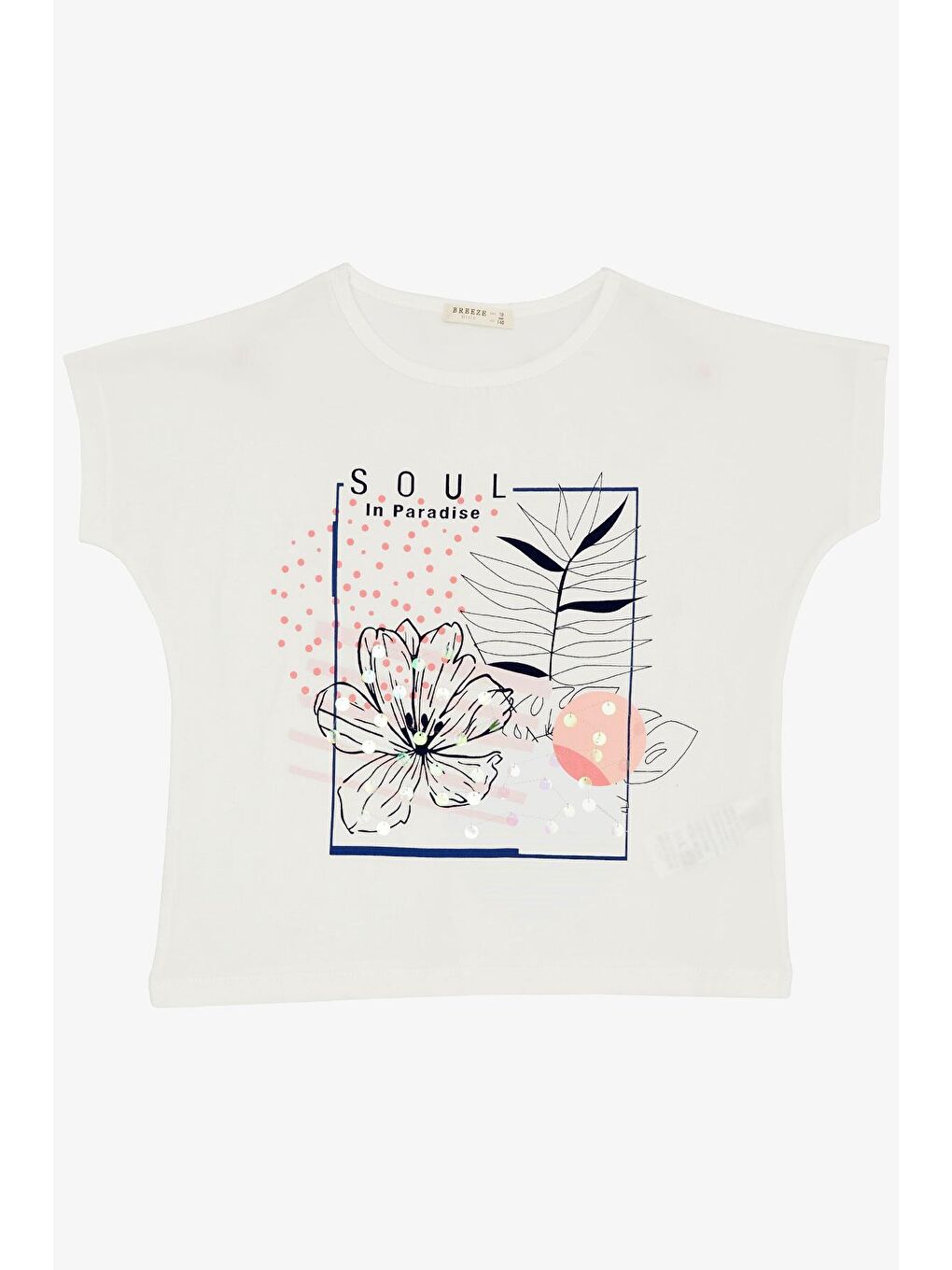 Kız Çocuk Tişört Çiçek Baskılı Pullu Ekru (10-16 Yaş)