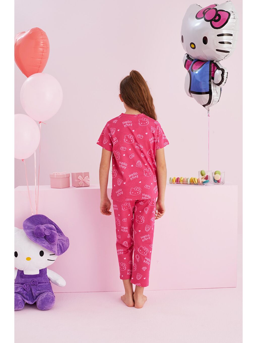 SİYAH İNCİ Pembe Hello Kitty Lisanslı %100 Pamuk Pembe Çok Renkli Bisklet Yaka Pijama Takım - 2