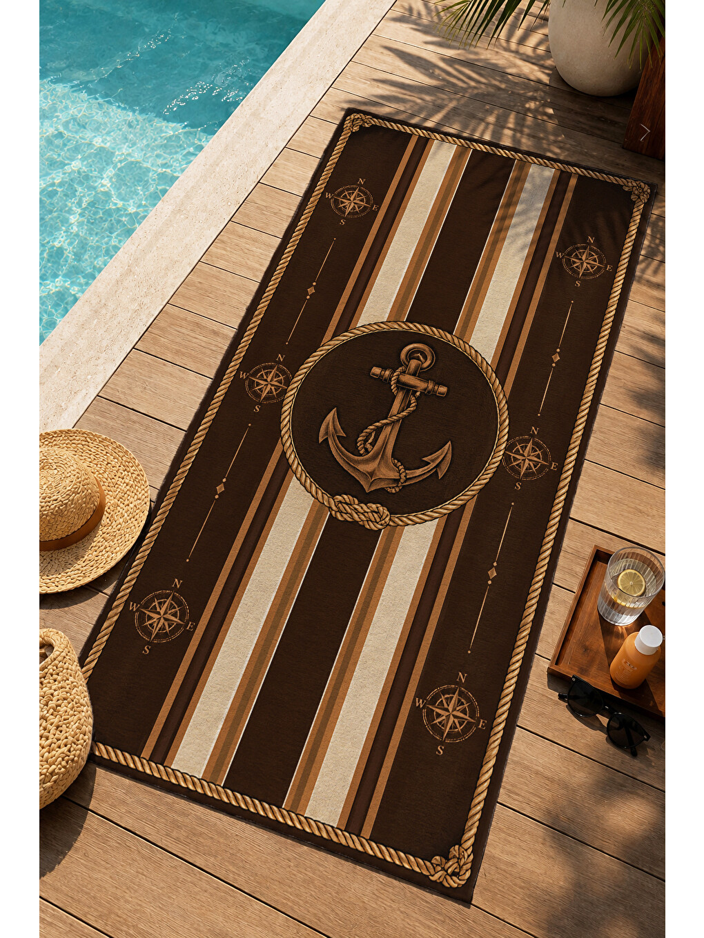 Kahverengi Nautical Kahve Çizgili Çapa Desenli 70x150 Plaj Havlusu - Dijital Baskılı Solmaz Banyo Havlusu-4