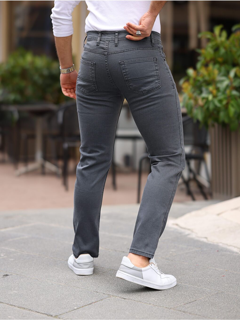 Gri Erkek Yüksel Bel Bol Kesim Boru Paça Jean Pantolon Regular Fit Jean-2