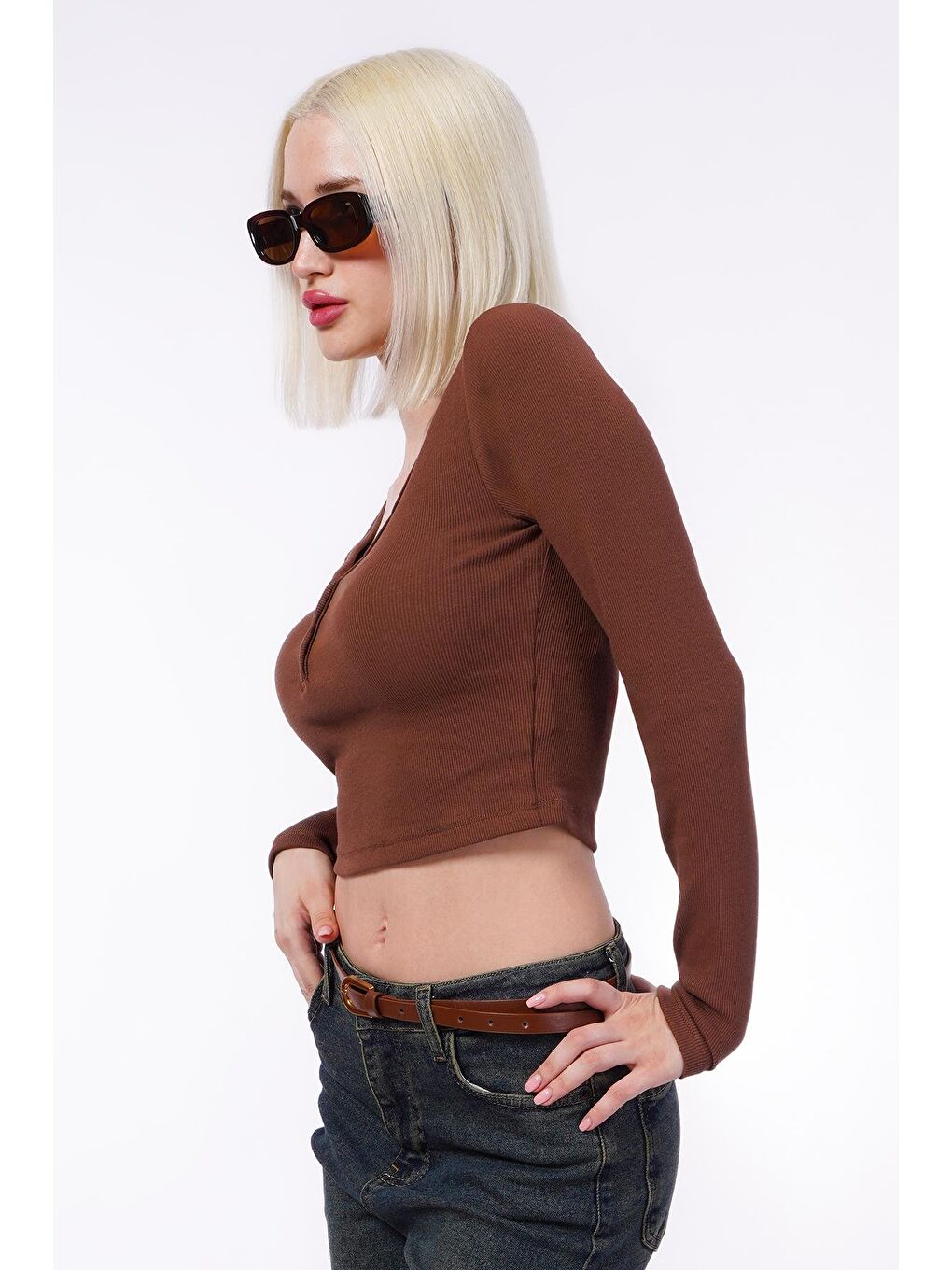 Acı Kahverengi V Yaka Uzun Kollu Düğme Detaylı Kaşkorse Bodysuit Mg2194-4