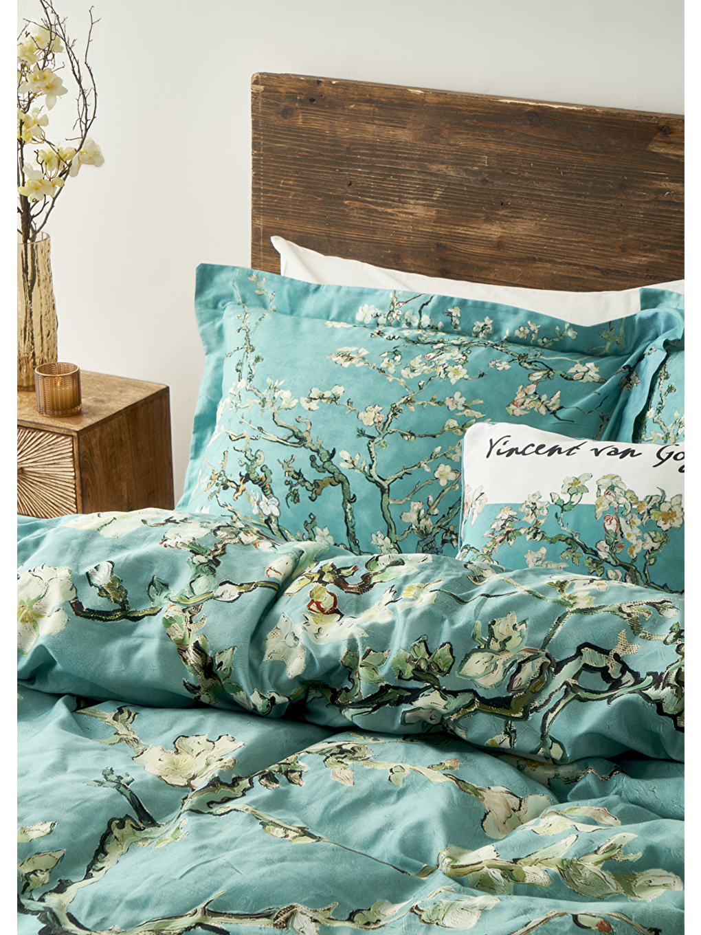 %100 Pamuk Saten Van Gogh Almond Blossom King Size Nevresim Takımı Turkuaz (240x220 Cm)-3