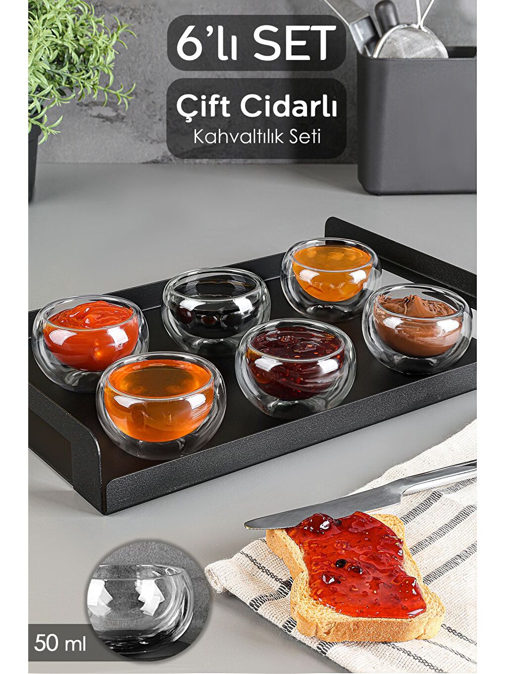 Renksiz 6'lı Çift Cidarlı Sosluk Seti Borosilikat Cam Reçellik İkra mlık Sunum Kasesi Kahvaltılık Set 50 ml