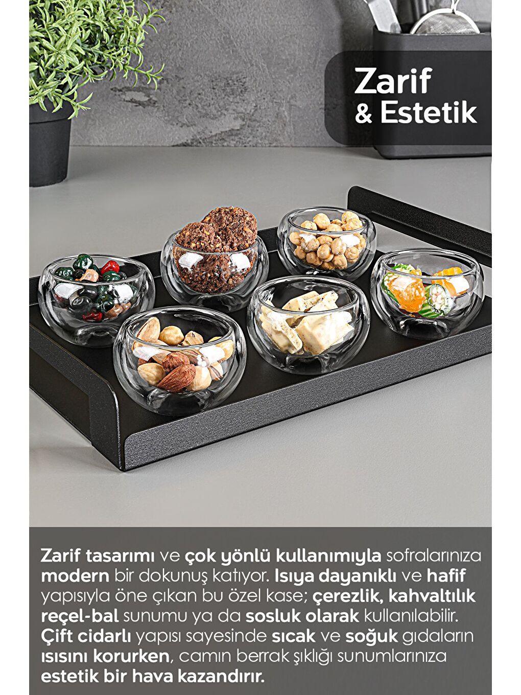 Renksiz 6'lı Çift Cidarlı Sosluk Seti Borosilikat Cam Reçellik İkra mlık Sunum Kasesi Kahvaltılık Set 50 ml-1