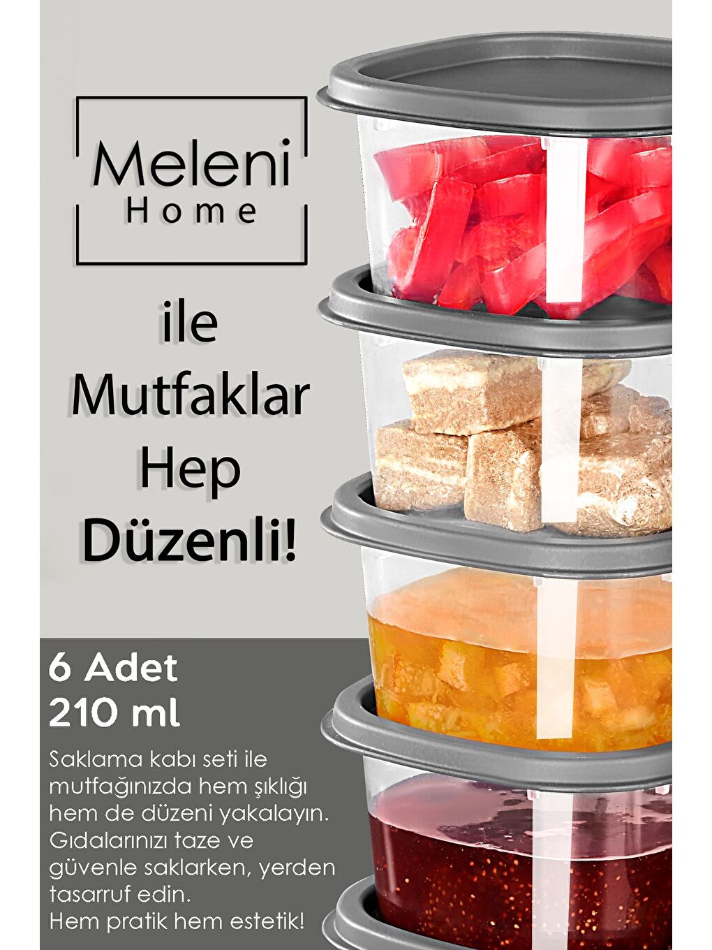 6'lı Kapaklı Kahvaltı Seti Kahvaltılık Saklama Kabı Seti 210 ml Gri-2