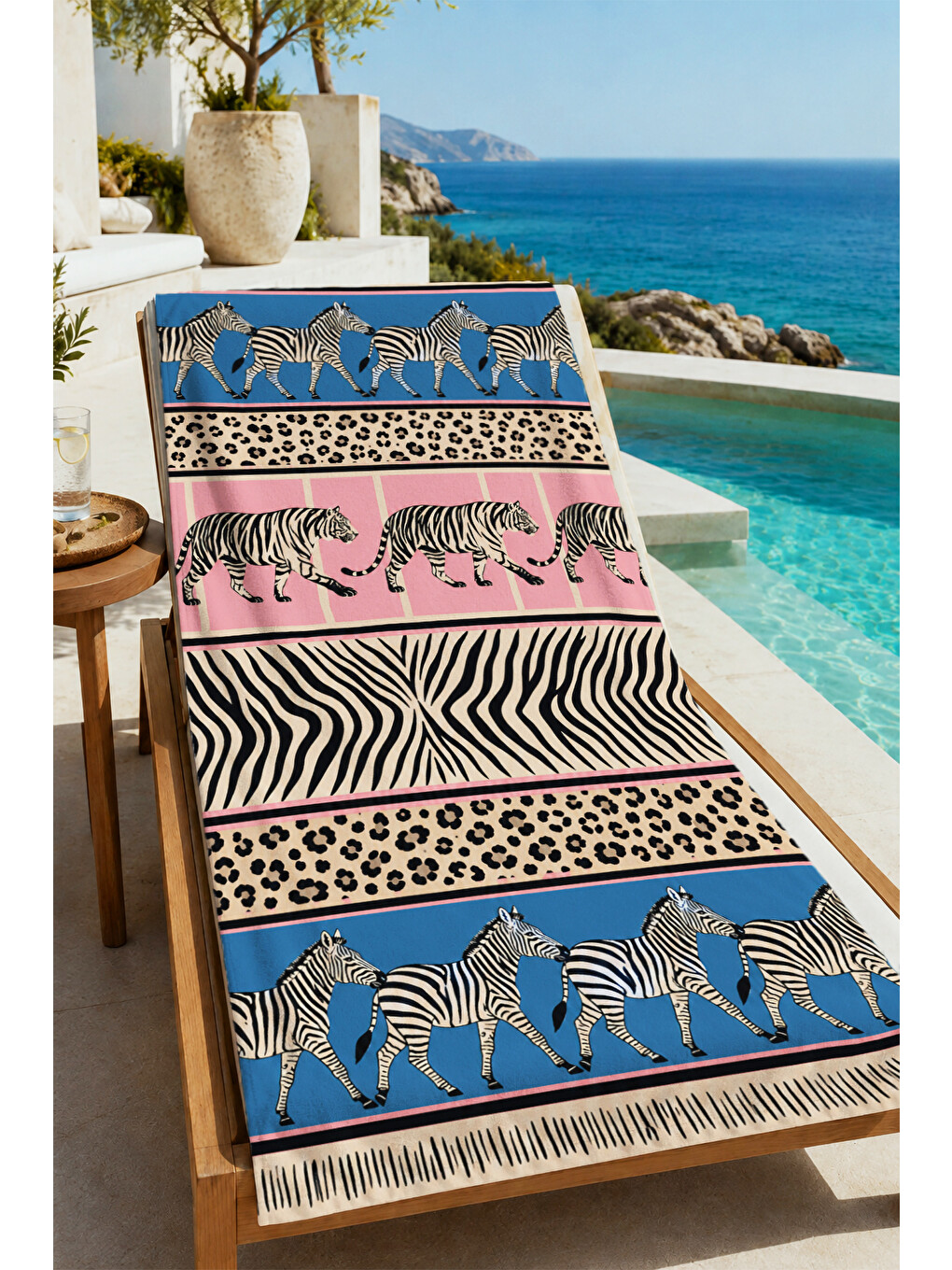 Bej Safari Patchwork Zebra Ve Hayvan Desenli 70x150 Plaj Havlusu - Dijital Baskılı Solmaz Banyo Havlusu-3