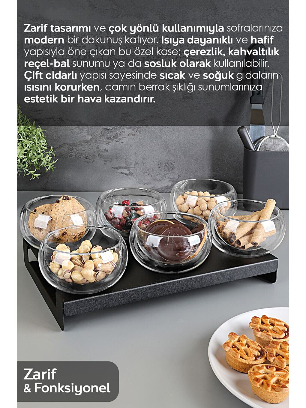 Renksiz 6'lı Çift Cidarlı Kahvaltılık Seti Borosilikat Cam Sofra Sunum Kasesi Sosluk Reçellik Kase 250 ml-1