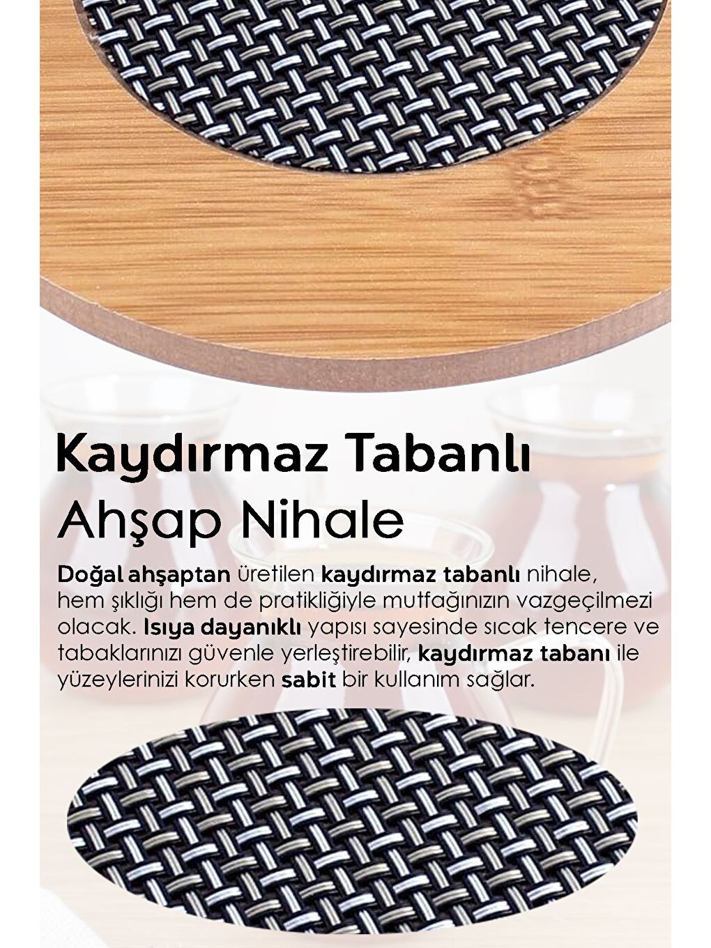 Bej Ahşap Kaydırmaz Tava Tencere Çaydanlık Altlığı Yuvarlak Kaymaz Taban Ahşap Nihale-1