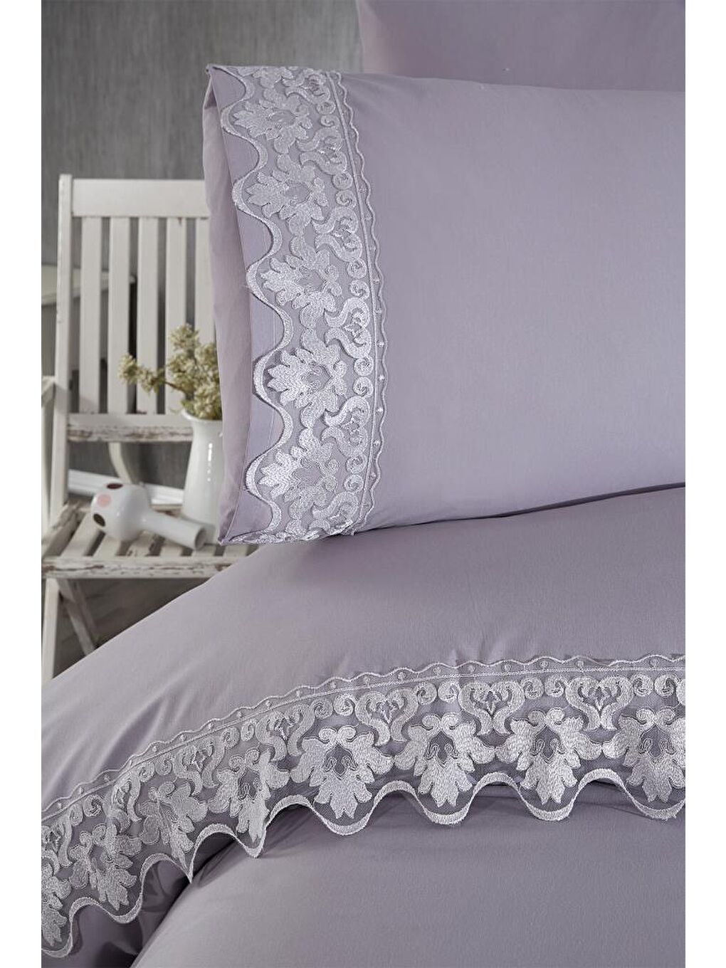 Fransız Dantelli Neriman Çeyizlik Nevresim Takımı Gri-2