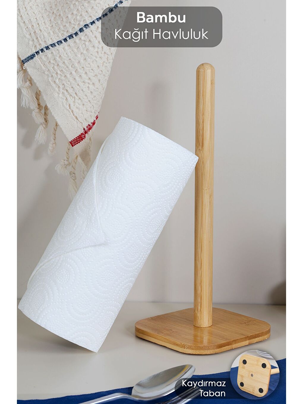 Bej Bambu Kare Havlu Peçetelik Tezgah Üstü Rulo Havluluk Kağıt Havlu Standı Sofra Mutfak Organizer