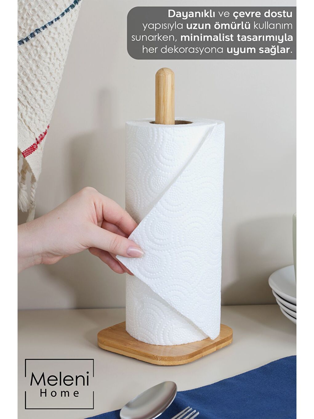 Bej Bambu Kare Havlu Peçetelik Tezgah Üstü Rulo Havluluk Kağıt Havlu Standı Sofra Mutfak Organizer-1