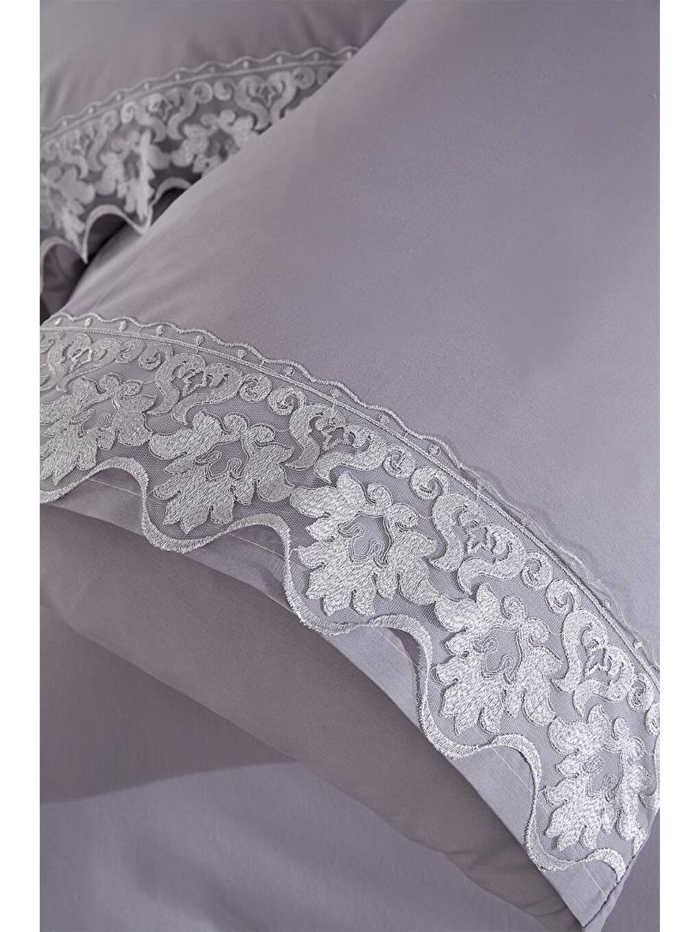 Fransız Dantelli Neriman Çeyizlik Nevresim Takımı Gri-3