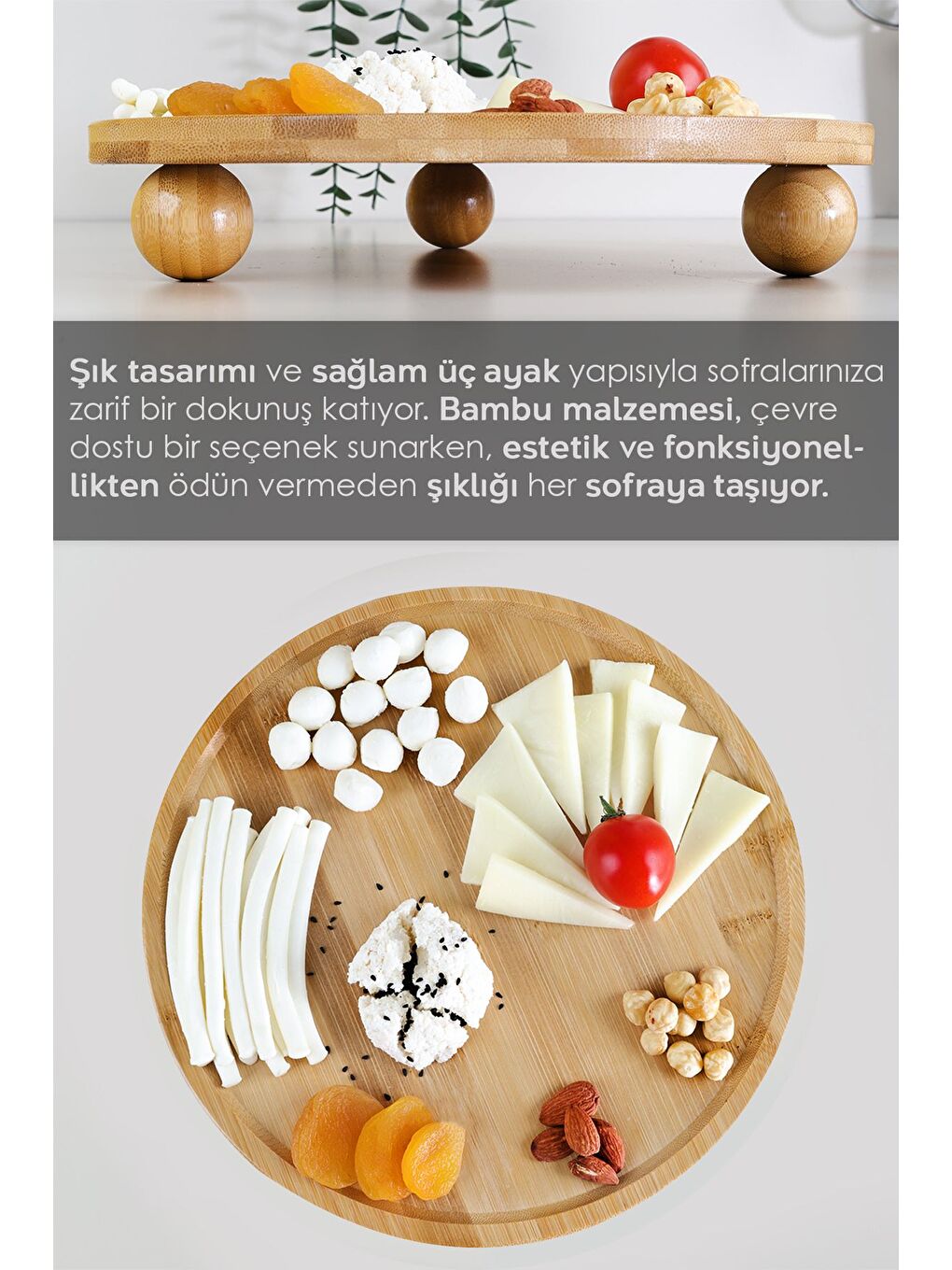 Bej Yuvarlak Bambu Sunum Tabağı Ayaklı Sunu mluk Kek Kurabiye Pasta Servis Sunum Standı 27 cm-1