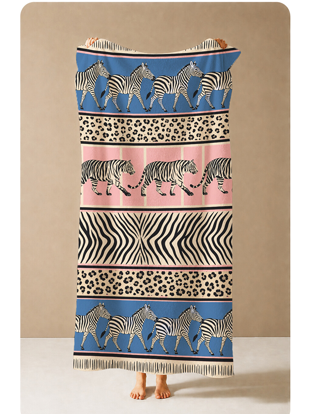 Bej Safari Patchwork Zebra Ve Hayvan Desenli 70x150 Plaj Havlusu - Dijital Baskılı Solmaz Banyo Havlusu-4
