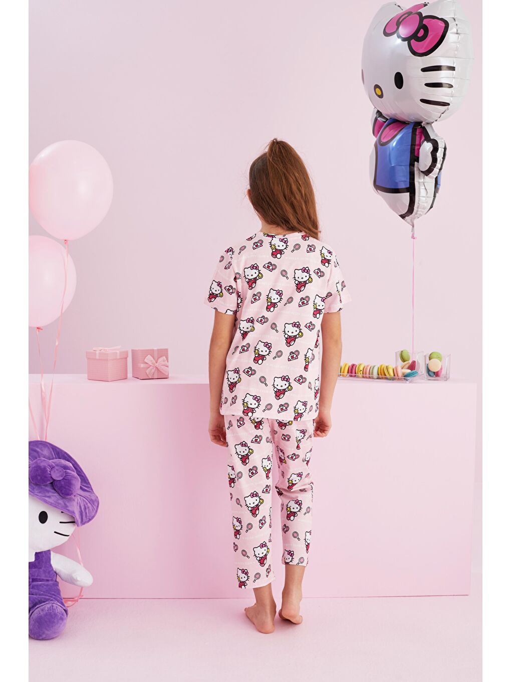 SİYAH İNCİ Pembe Hello Kitty Lisanslı %100 Pamuk Pembe Çok Renkli Bisklet Yaka Pijama Takım - 2