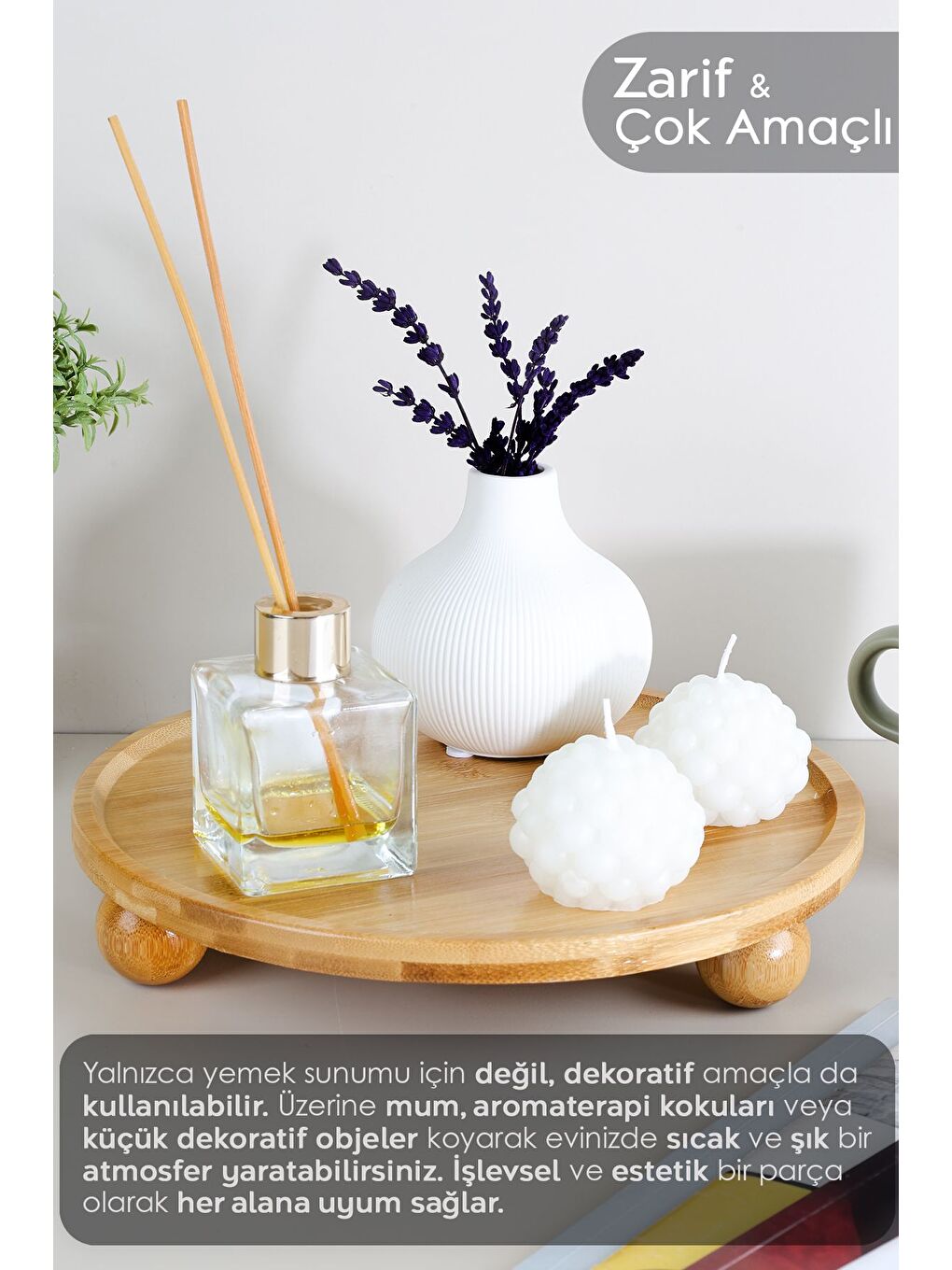 Bej Yuvarlak Bambu Sunum Tabağı Ayaklı Sunu mluk Kek Kurabiye Pasta Servis Sunum Standı 27 cm-3