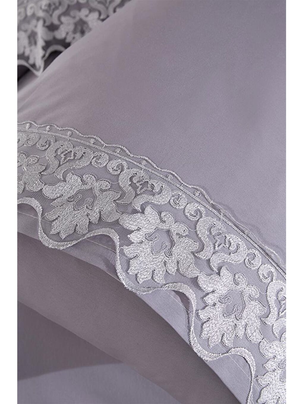 Fransız Dantelli Neriman Çeyizlik Nevresim Takımı Gri-4