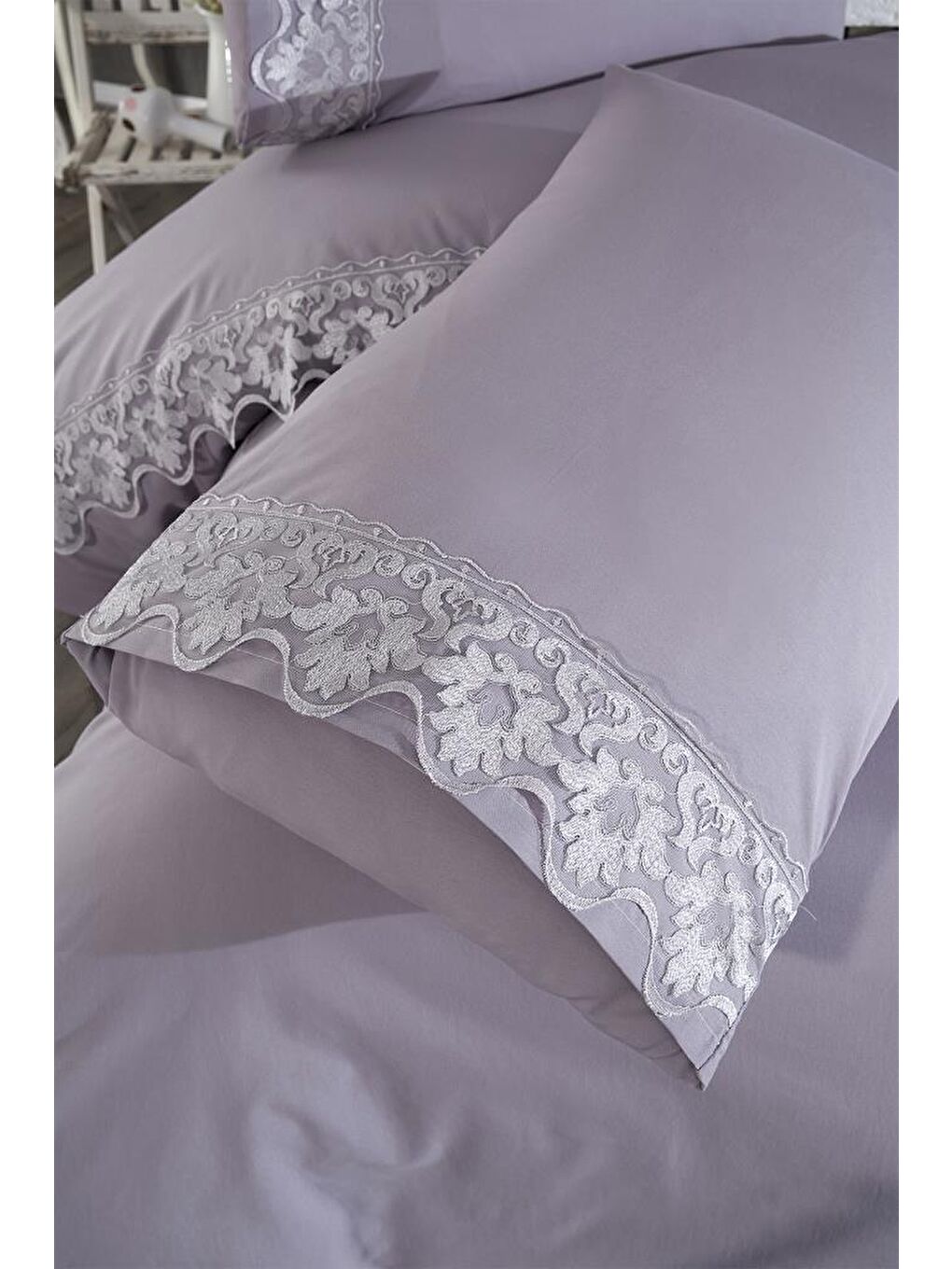 Fransız Dantelli Neriman Çeyizlik Nevresim Takımı Gri-5