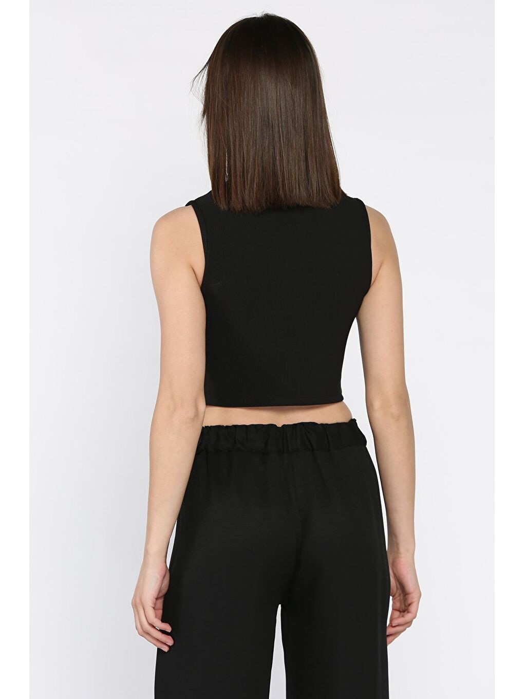 Siyah Kadın Yarım Fermuarlı Şerit Desenli Crop Top Bluz-2