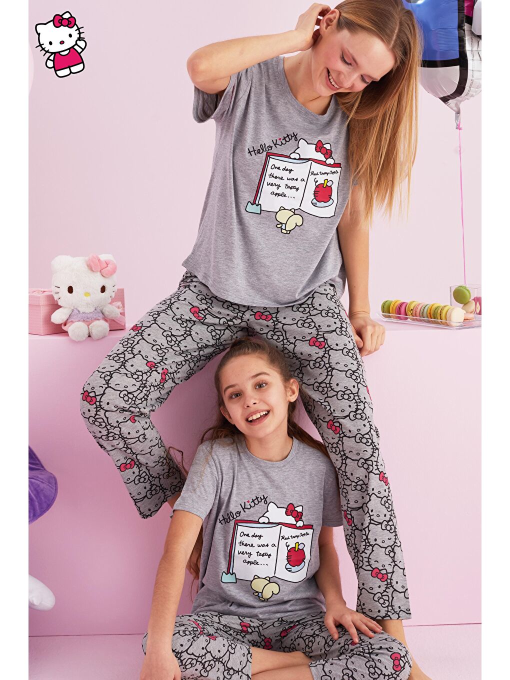 SİYAH İNCİ Gri Hello Kitty Lisanslı Kız Çocuk %100 Pamuk Gri Çok Renkli Bisklet Yaka Pijama Takım