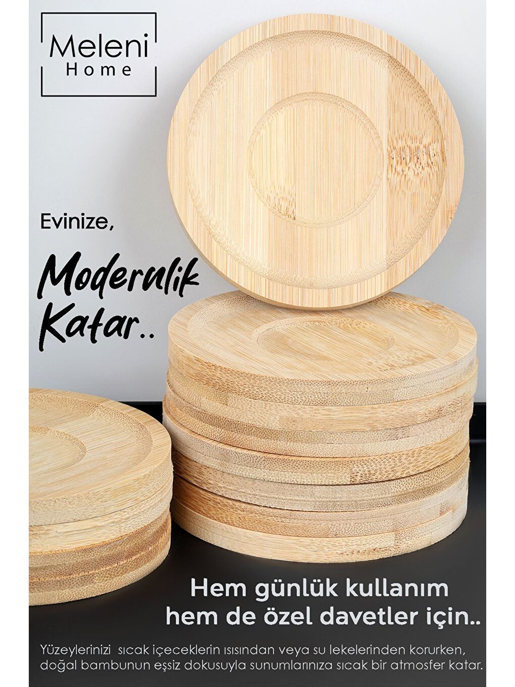 Bej 12'li Bambu Bardak Altlığı Set Ahşap Yuvarlak Çay Tabağı Kahve Fincan Altlığı 10 cm-2