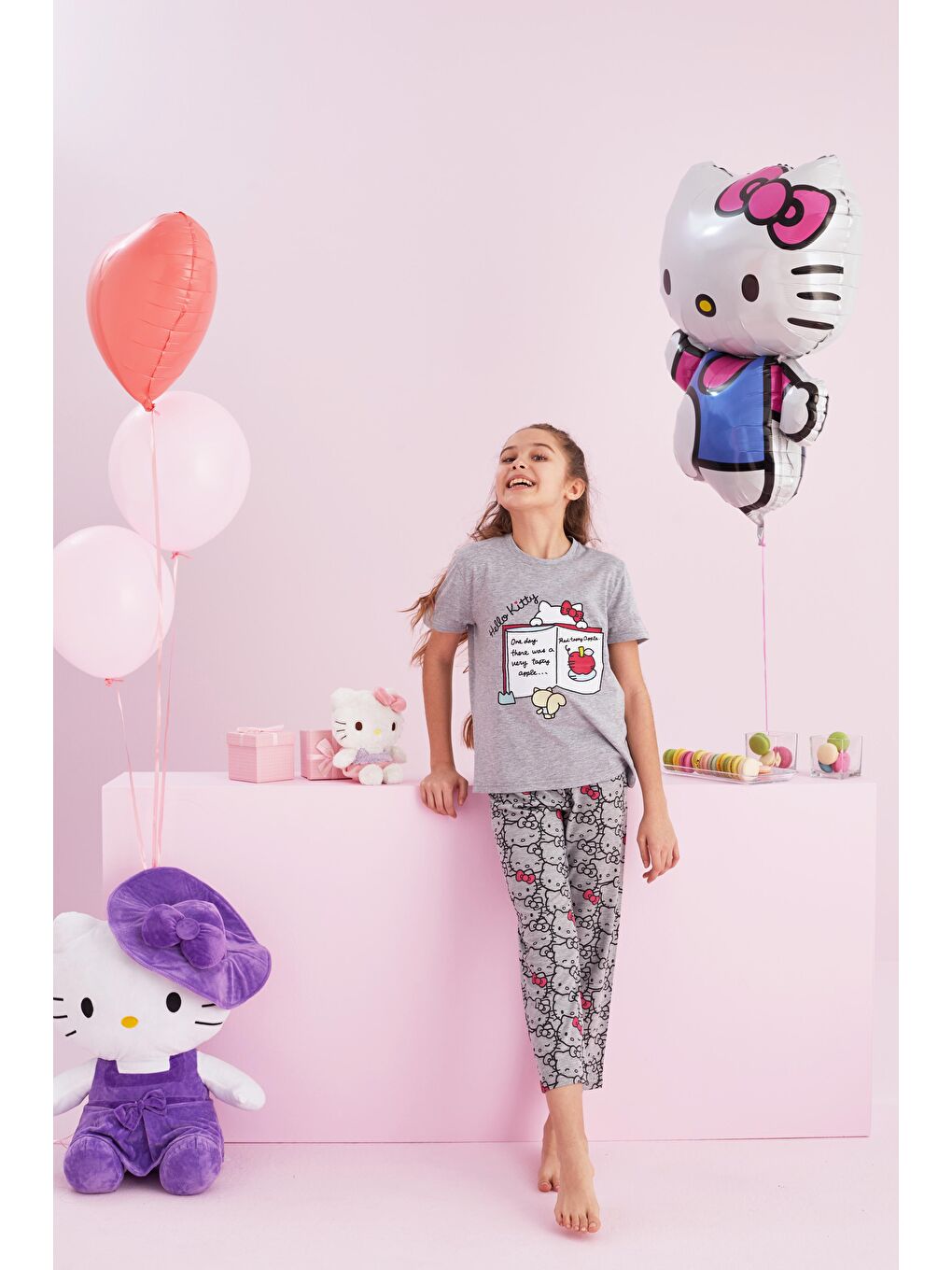 SİYAH İNCİ Gri Hello Kitty Lisanslı Kız Çocuk %100 Pamuk Gri Çok Renkli Bisklet Yaka Pijama Takım - 1