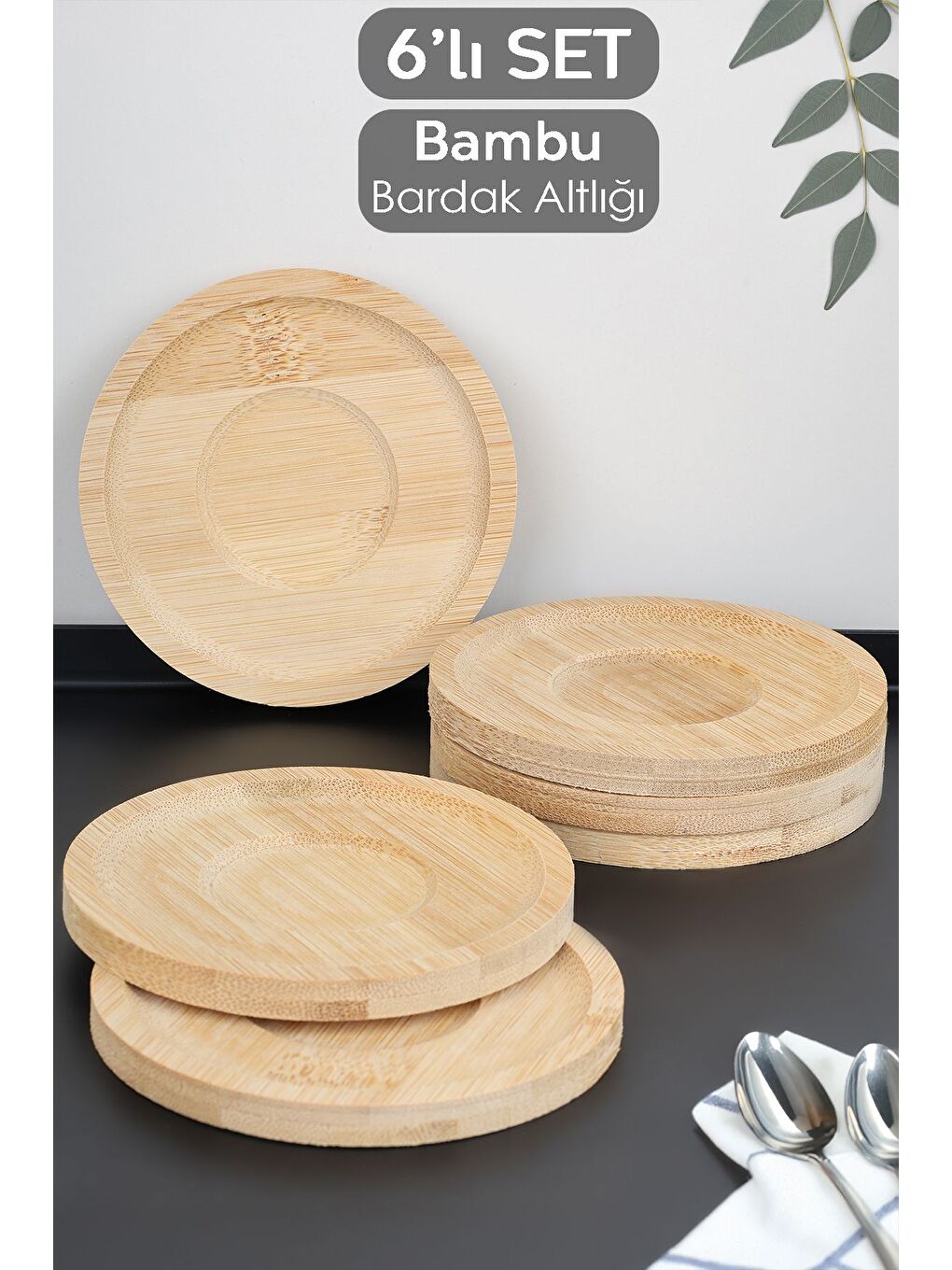 Bej 6'lı Bambu Bardak Altlığı Set Ahşap Yuvarlak Çay Tabağı Kahve Fincan Altlığı 10 cm