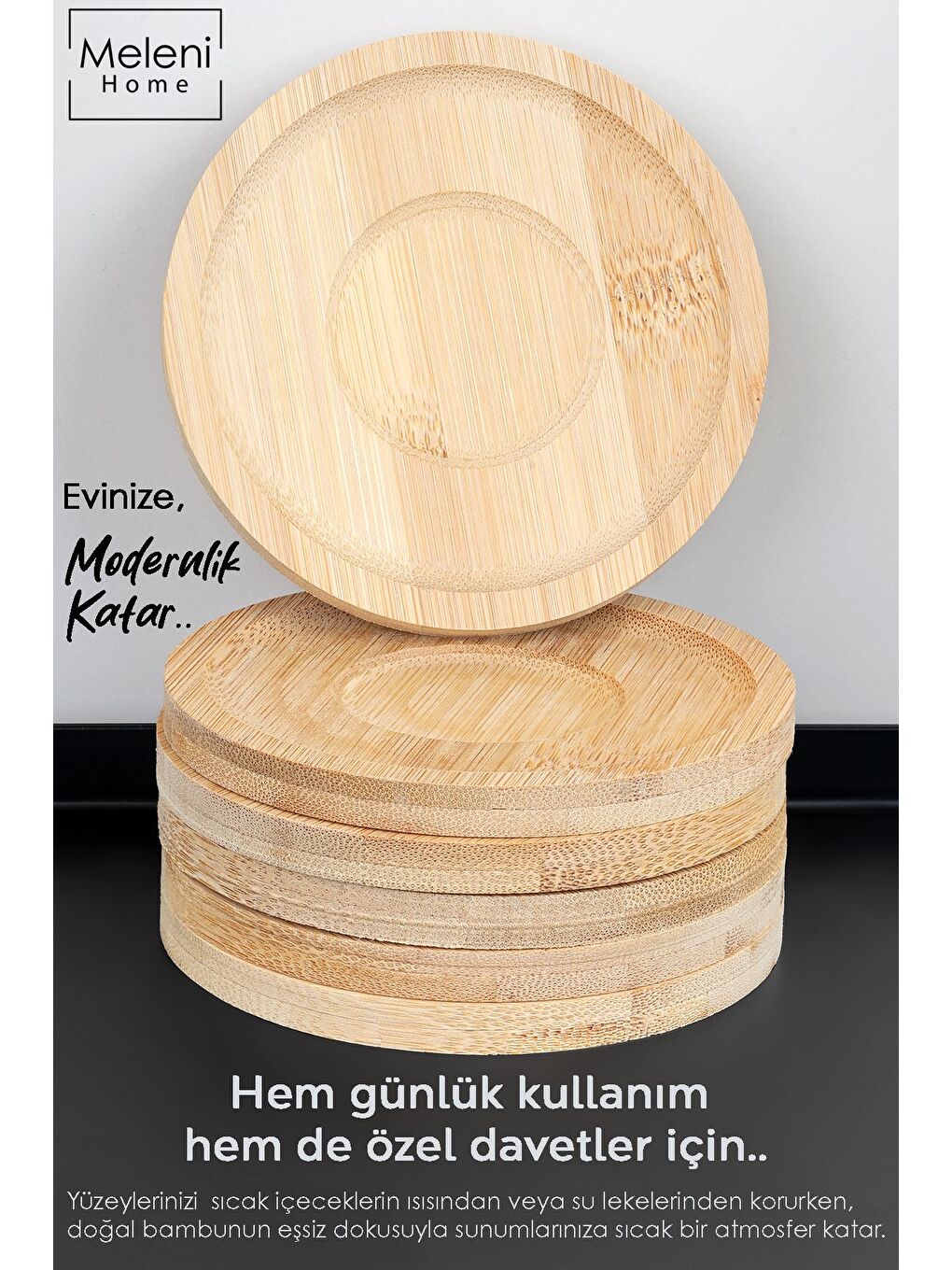 Bej 6'lı Bambu Bardak Altlığı Set Ahşap Yuvarlak Çay Tabağı Kahve Fincan Altlığı 10 cm-2