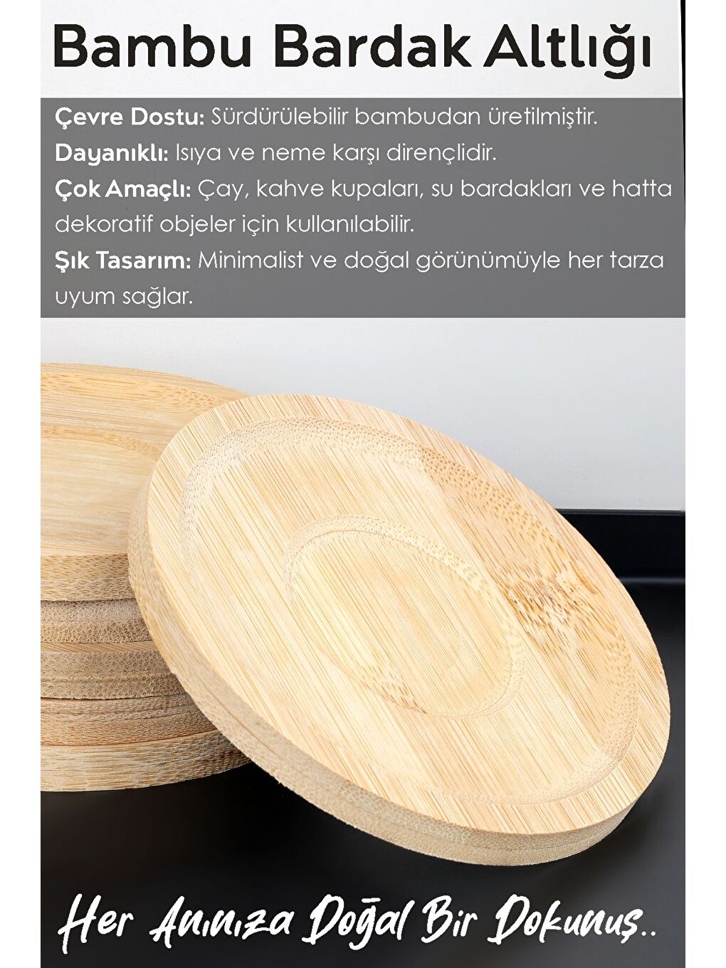 Bej 6'lı Bambu Bardak Altlığı Set Ahşap Yuvarlak Çay Tabağı Kahve Fincan Altlığı 10 cm-3