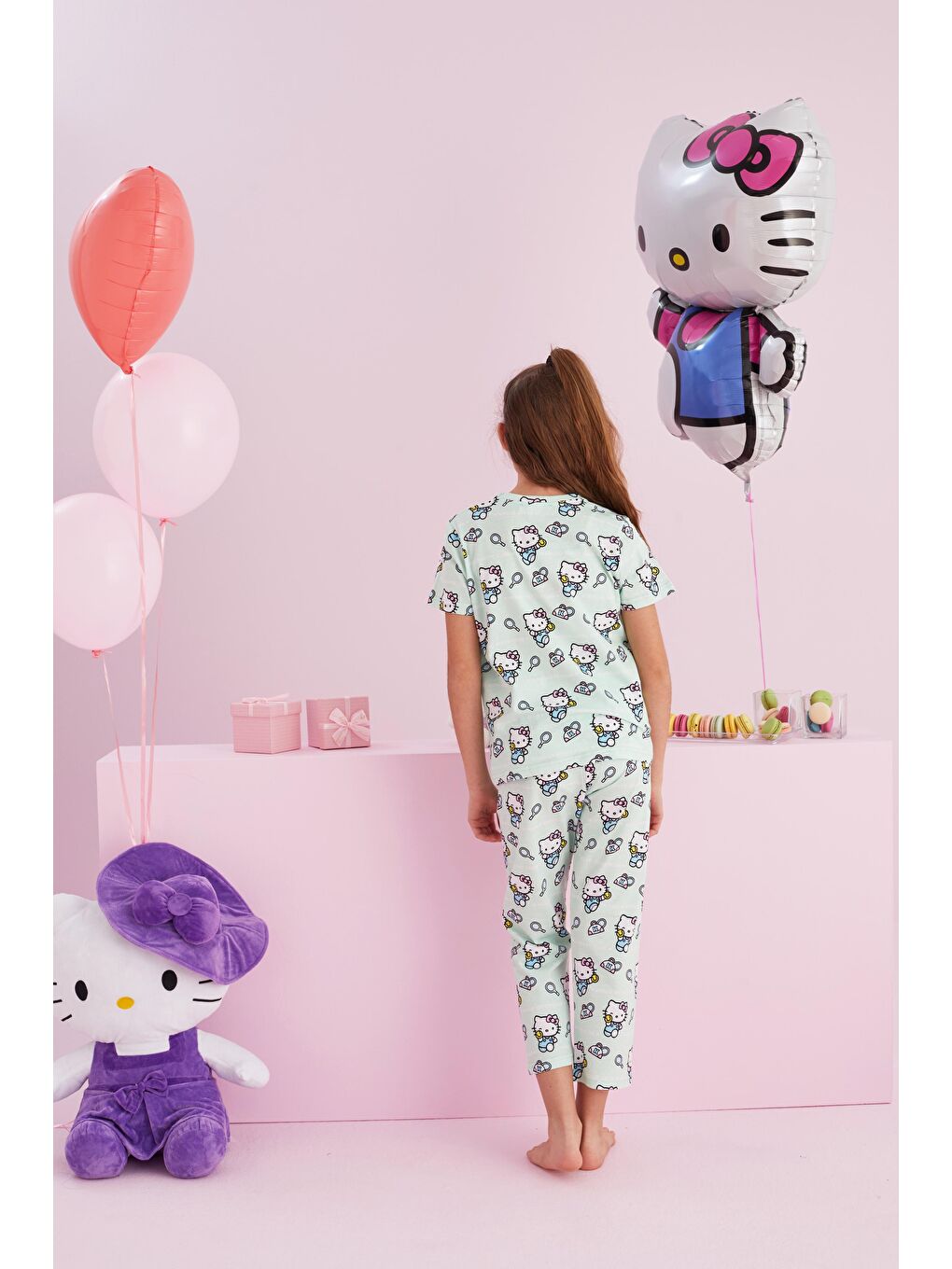 SİYAH İNCİ Yeşil Hello Kitty Lisanslı %100 Pamuk Yeşil Çok Renkli Bisklet Yaka Pijama Takım - 2