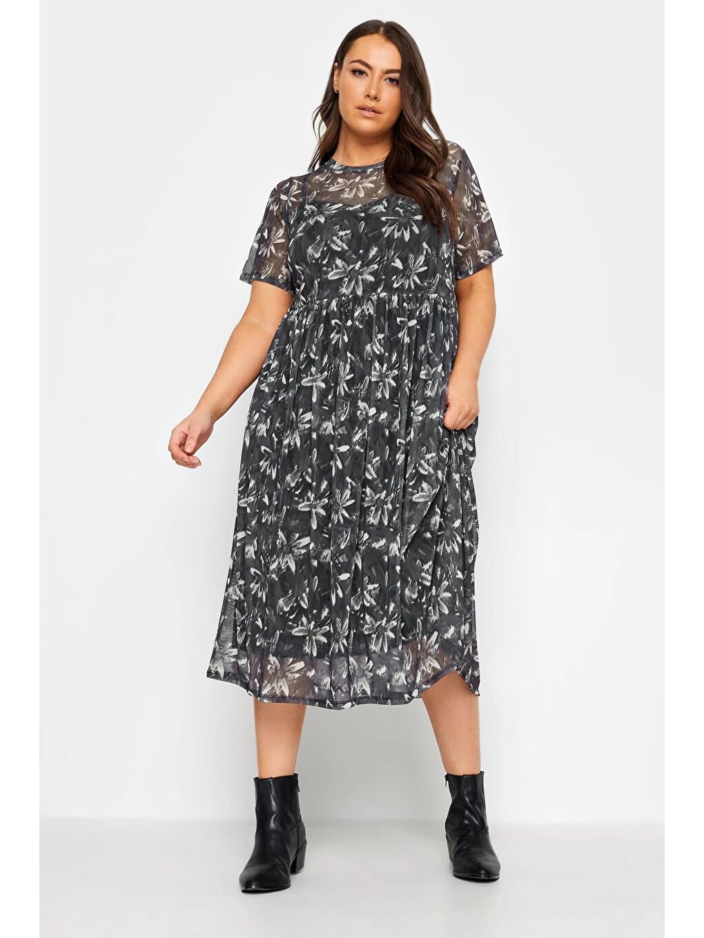 Siyah Büyük Beden Bisiklet Yaka İçi Astarlı Desenli Midi Boy Tül Elbise 302706-3