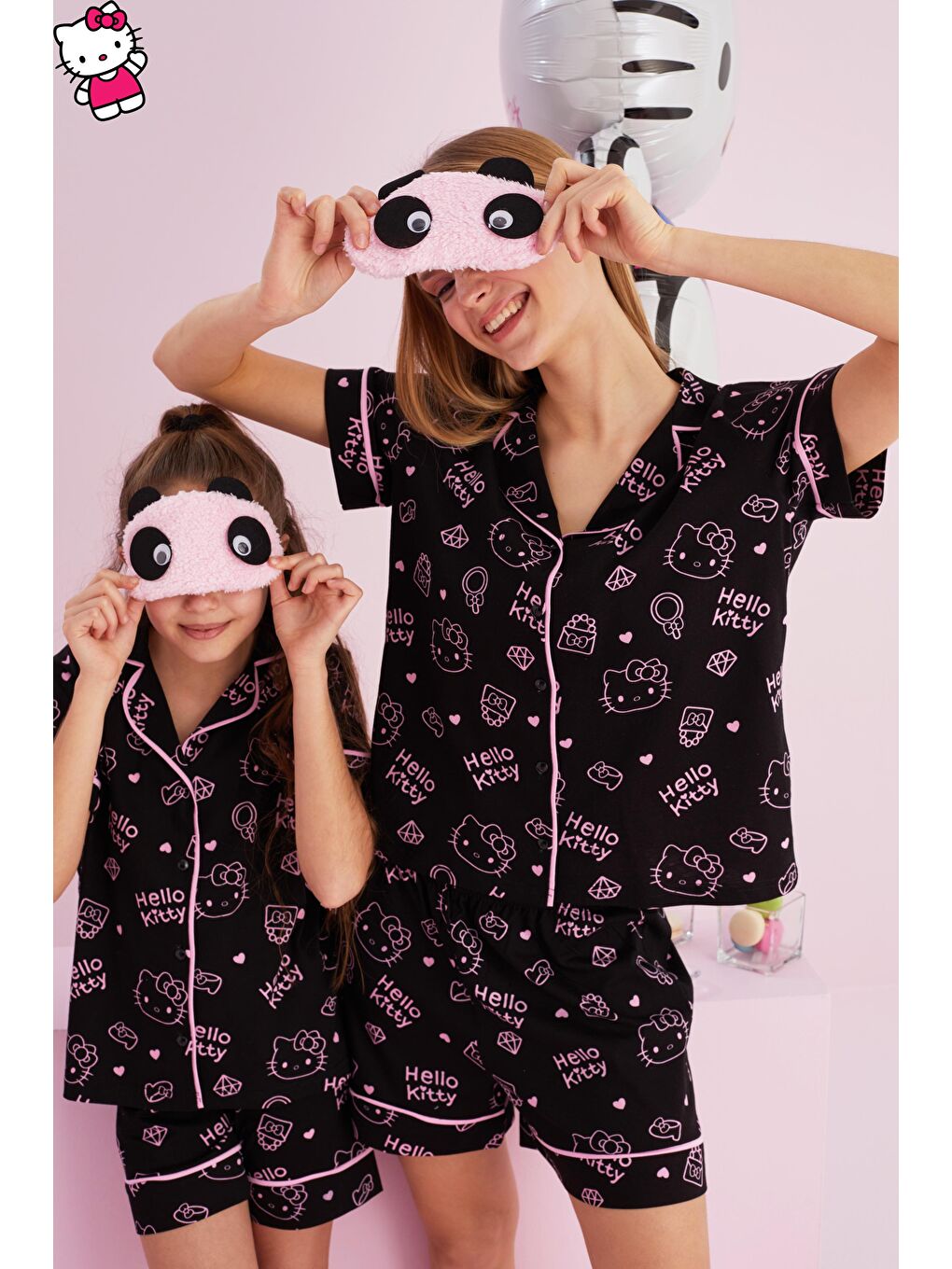 SİYAH İNCİ Siyah Hello Kitty Lisanslı %100 Pamuk Siyah Çok Renkli Düğmeli Biyeli Şort Pijama Takım