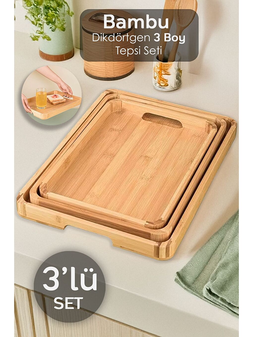 Bej 3'lü Kulplu Bambu Tepsi Seti Çay Kahve Servis Tepsisi İkra mlık Dekoratif Sunum Tepsisi