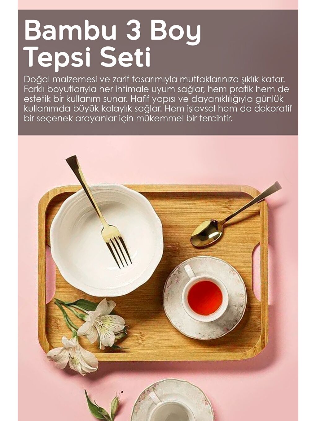 Bej 3'lü Kulplu Bambu Tepsi Seti Çay Kahve Servis Tepsisi İkra mlık Dekoratif Sunum Tepsisi-1